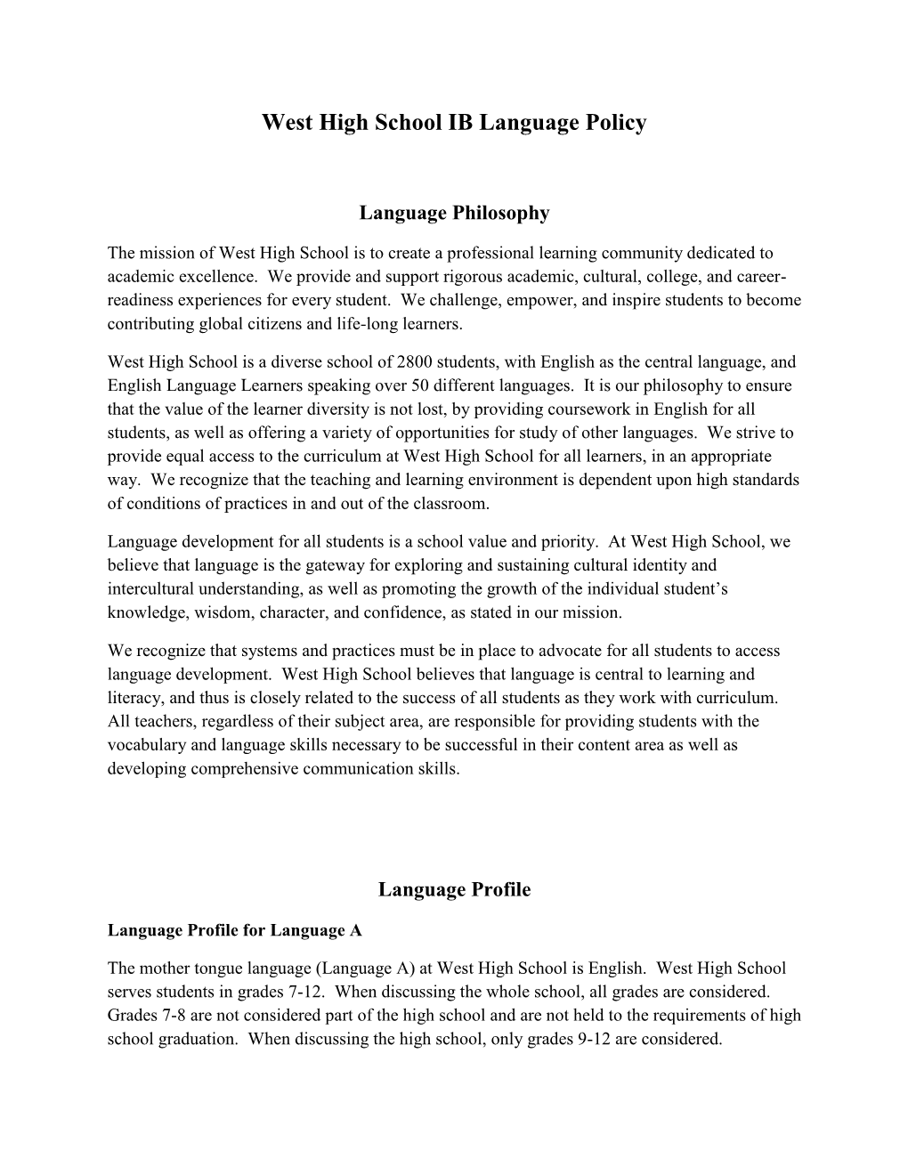 West High School IB Language Policy