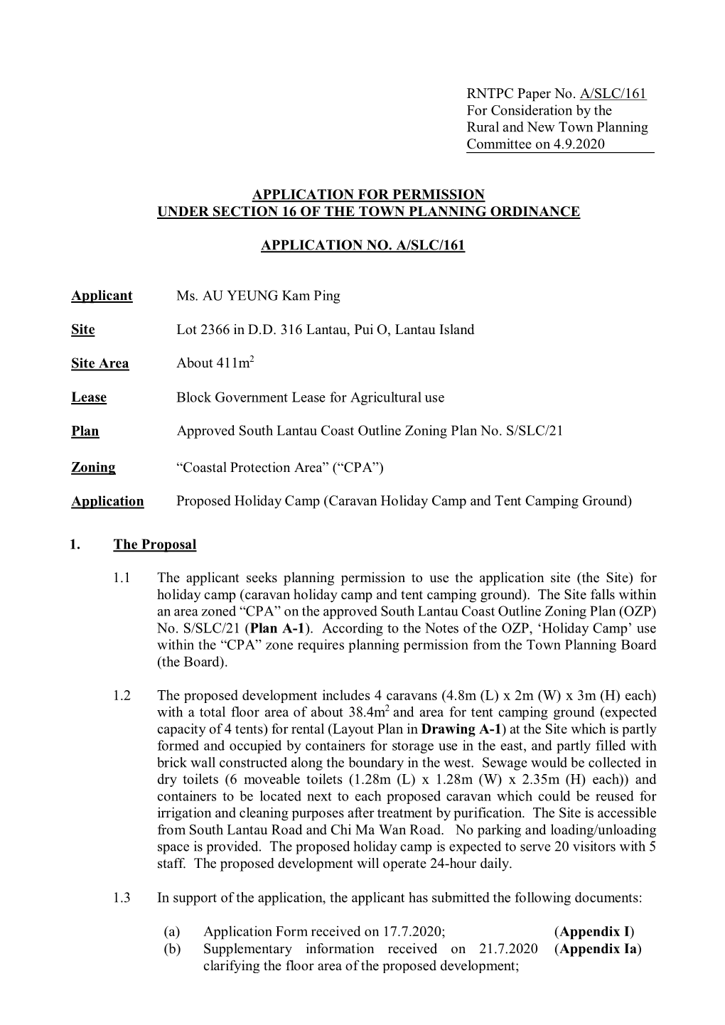 RNTPC Paper No. A/SLC/161 for Consideration by the Rural and New Town Planning Committee on 4.9.2020