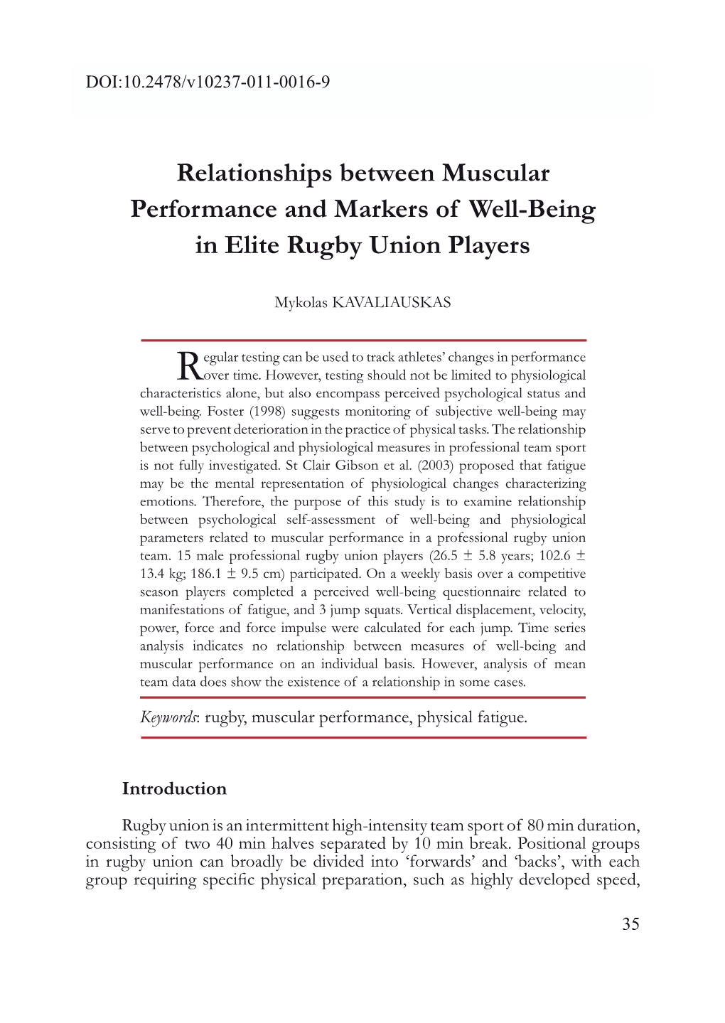 Relationships Between Muscular Performance and Markers of Well-Being in Elite Rugby Union Players