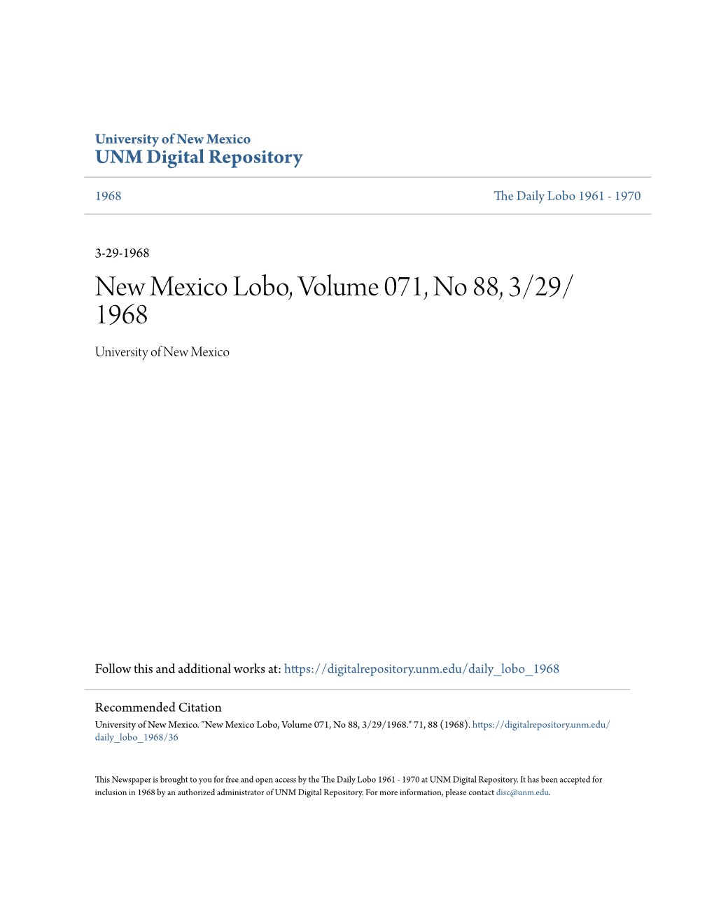 New Mexico Lobo, Volume 071, No 88, 3/29/1968." 71, 88 (1968)