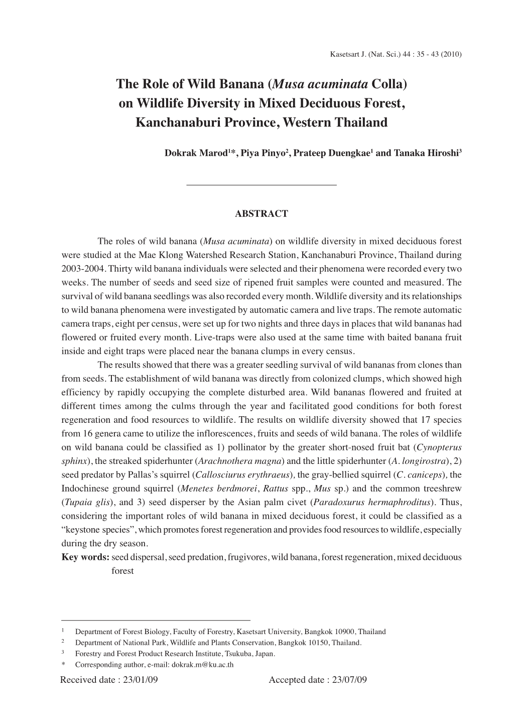 The Role of Wild Banana (Musa Acuminata Colla) on Wildlife Diversity in Mixed Deciduous Forest, Kanchanaburi Province, Western Thailand