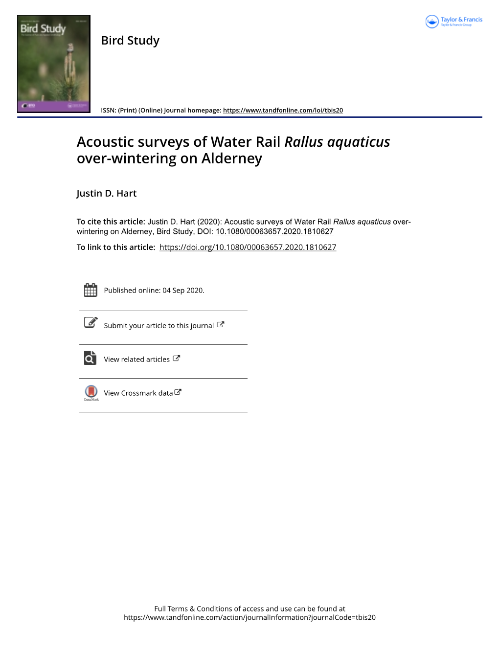 Acoustic Surveys of Water Rail Rallus Aquaticus Over-Wintering on Alderney