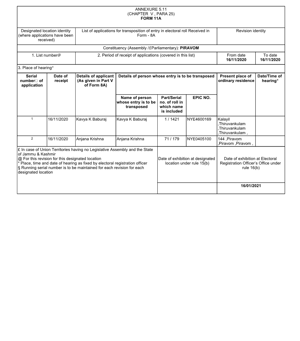 FORM 11A Designated Location Identity