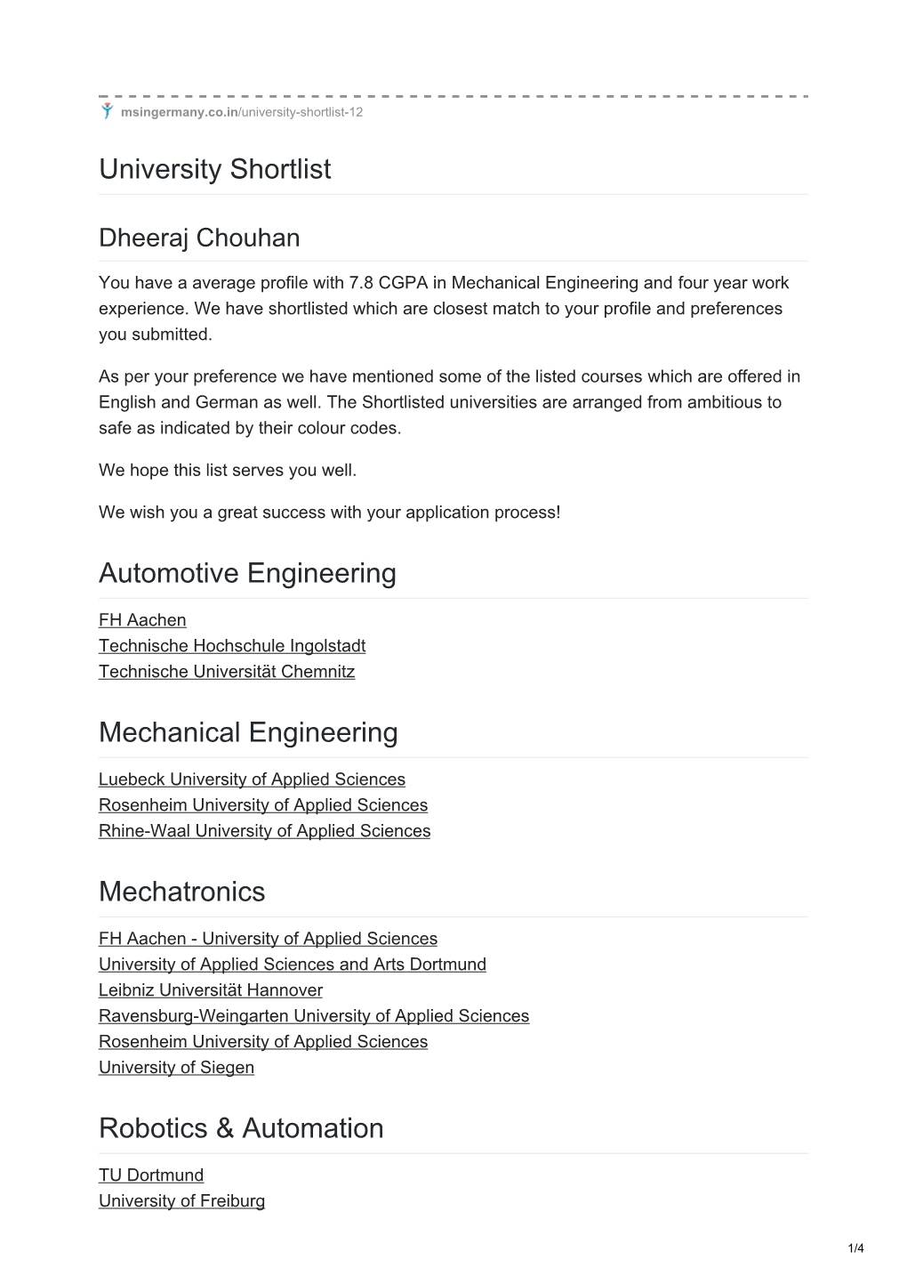 University Shortlist Automotive Engineering Mechanical