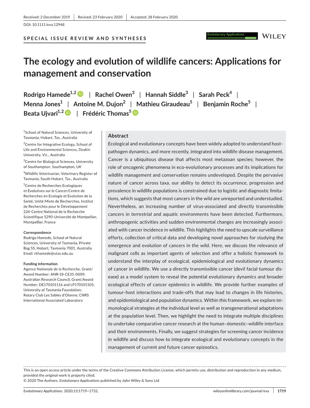 The Ecology and Evolution of Wildlife Cancers: Applications for Management and Conservation