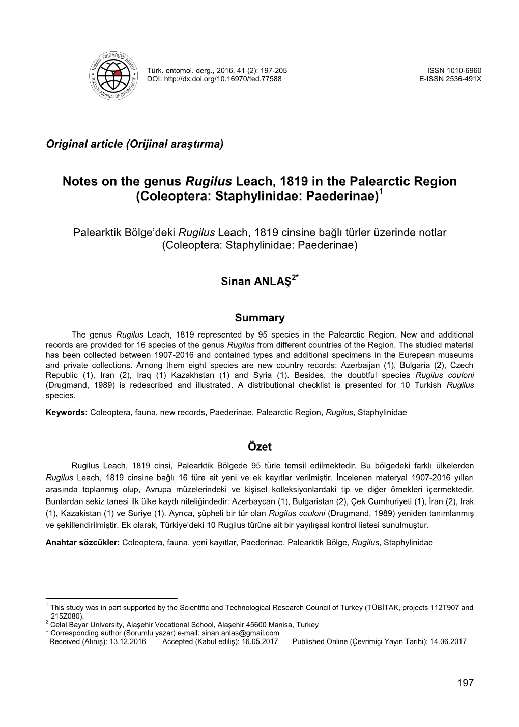 Notes on the Genus Rugilus Leach, 1819 in the Palearctic Region (Coleoptera: Staphylinidae: Paederinae)1