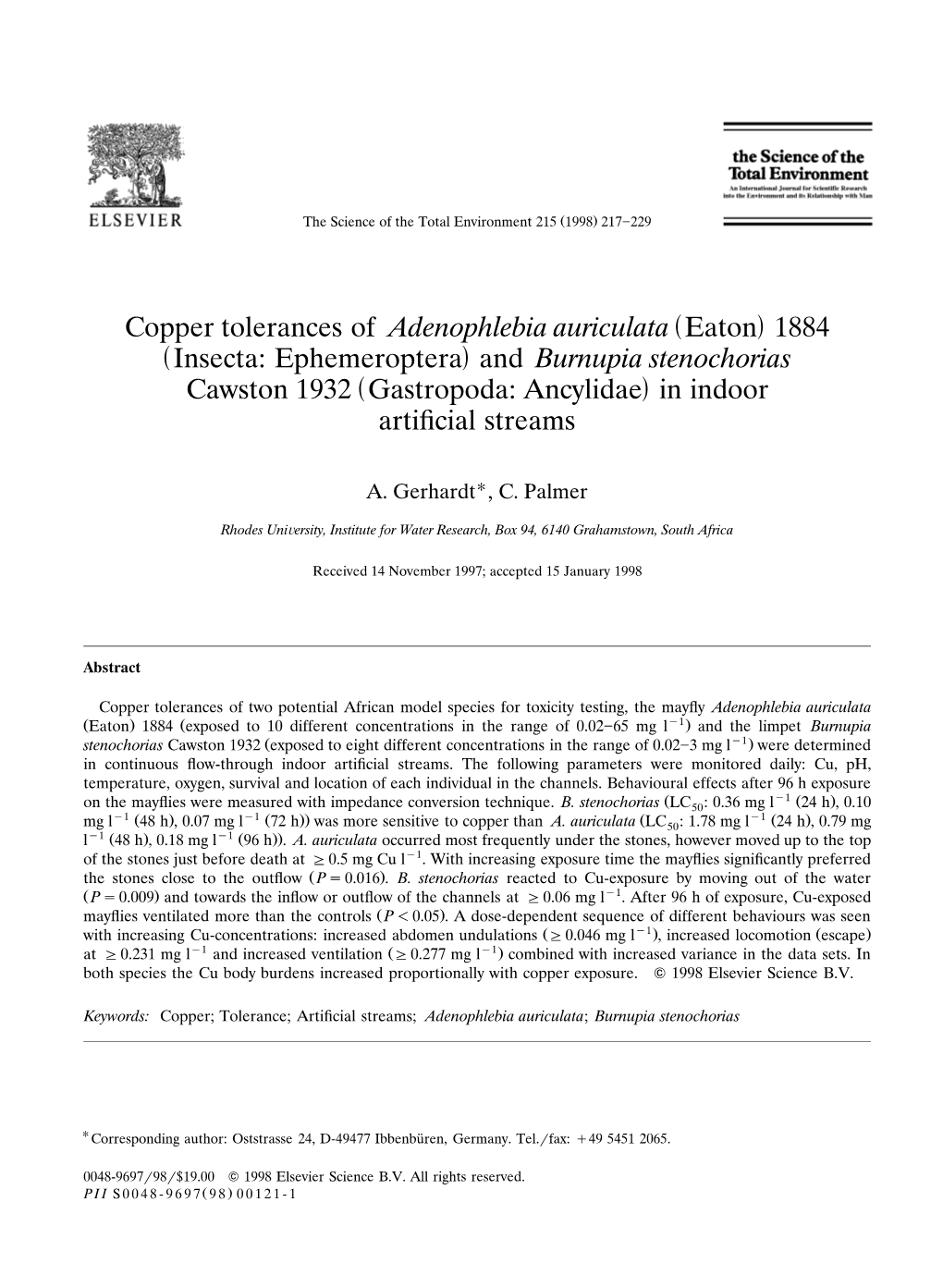 Gerhardt, A. & C. Palmer (1998): Copper Tolerances of Adenophlebia