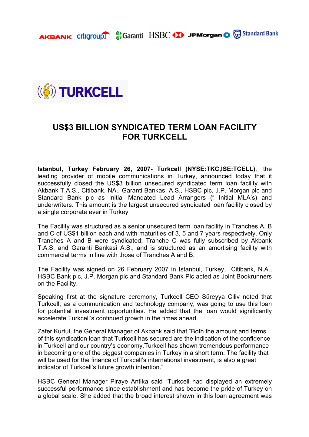 Us$3 Billion Syndicated Term Loan Facility for Turkcell