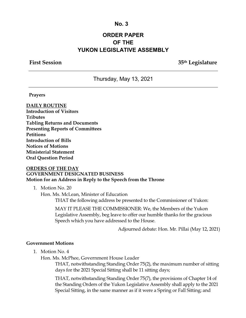 Order Paper of the Yukon Legislative Assembly