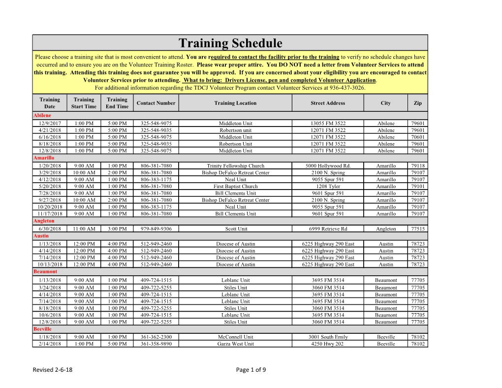 Training Schedule Please Choose a Training Site That Is Most Convenient to Attend