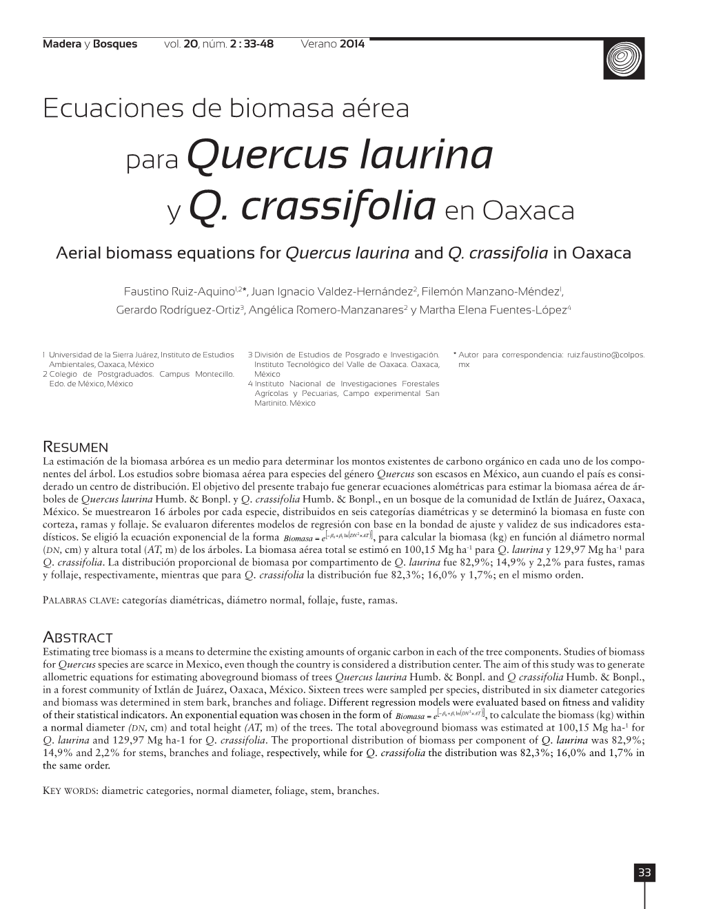 Para Quercus Laurina Y Q. Crassifoliaen Oaxaca
