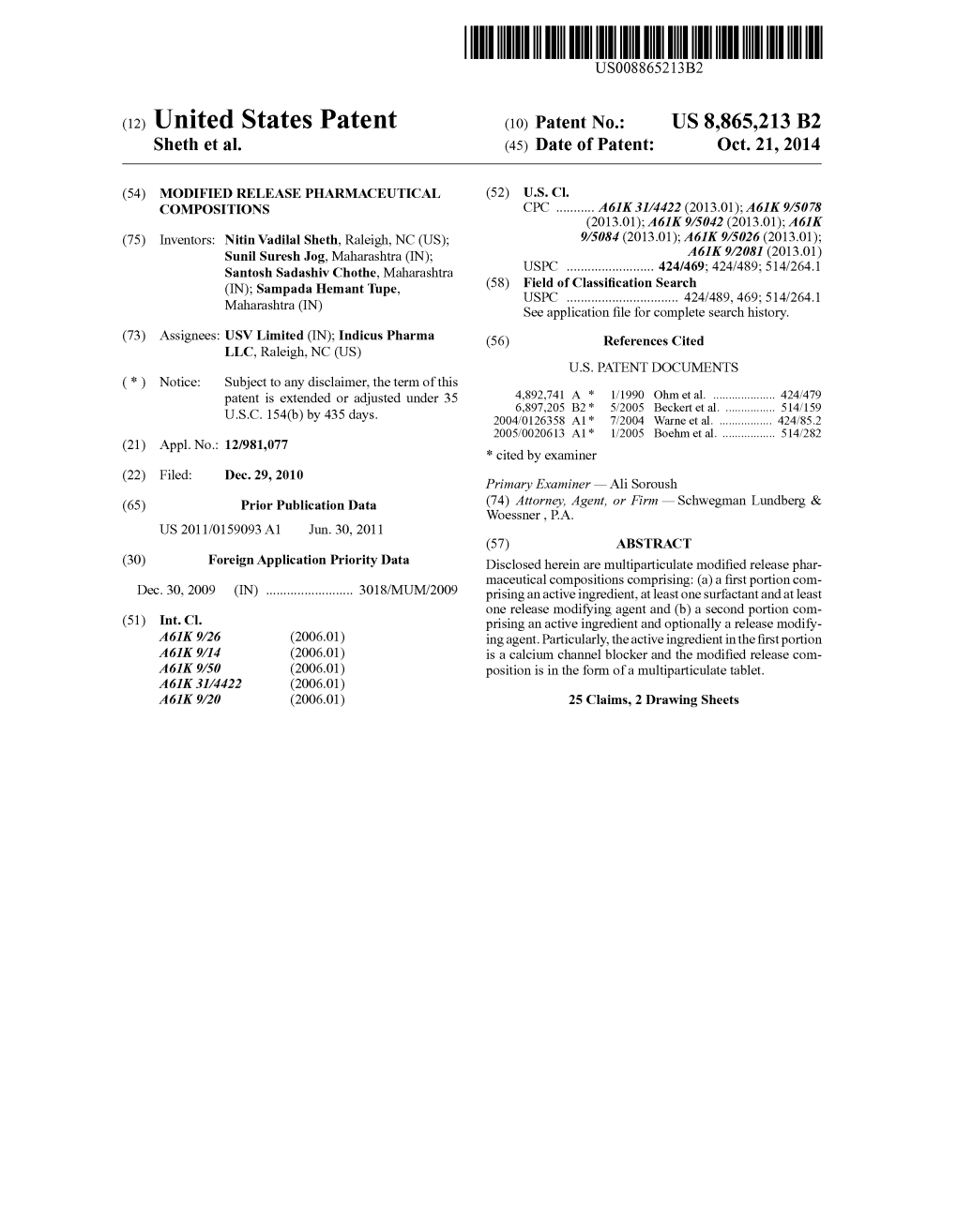 (12) United States Patent (10) Patent No.: US 8,865,213 B2 Sheth Et Al