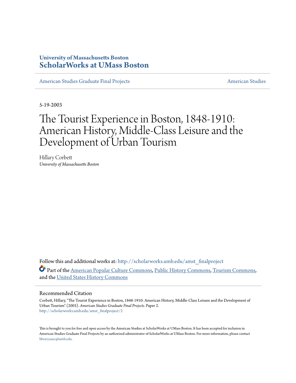 The Tourist Experience in Boston, 1848-1910: American History