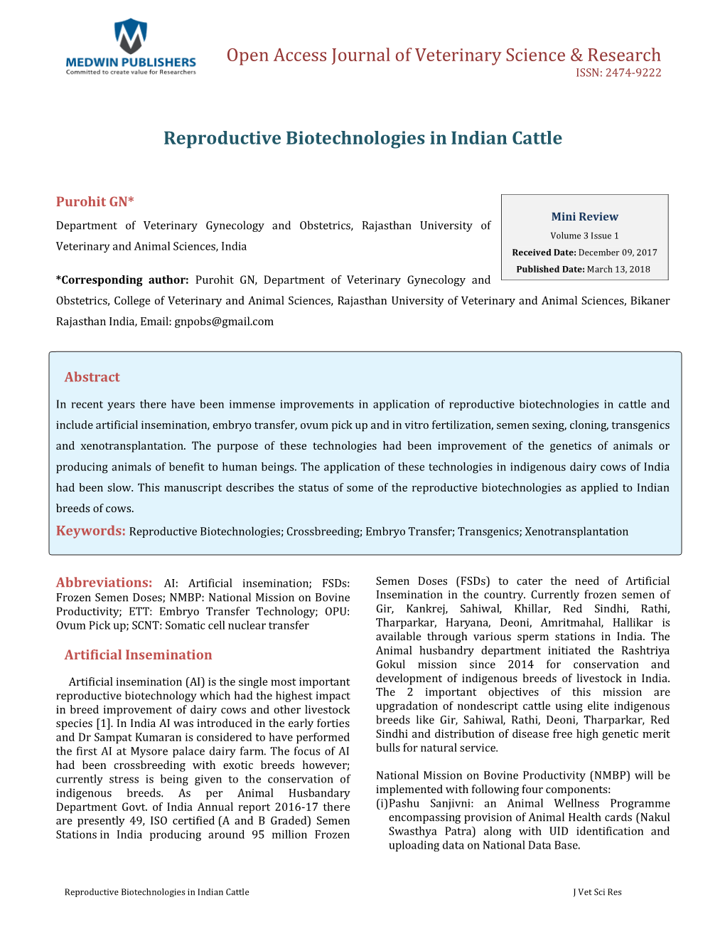 Reproductive Biotechnologies in Indian Cattle. Vet Sci Res 2018, 3(1)