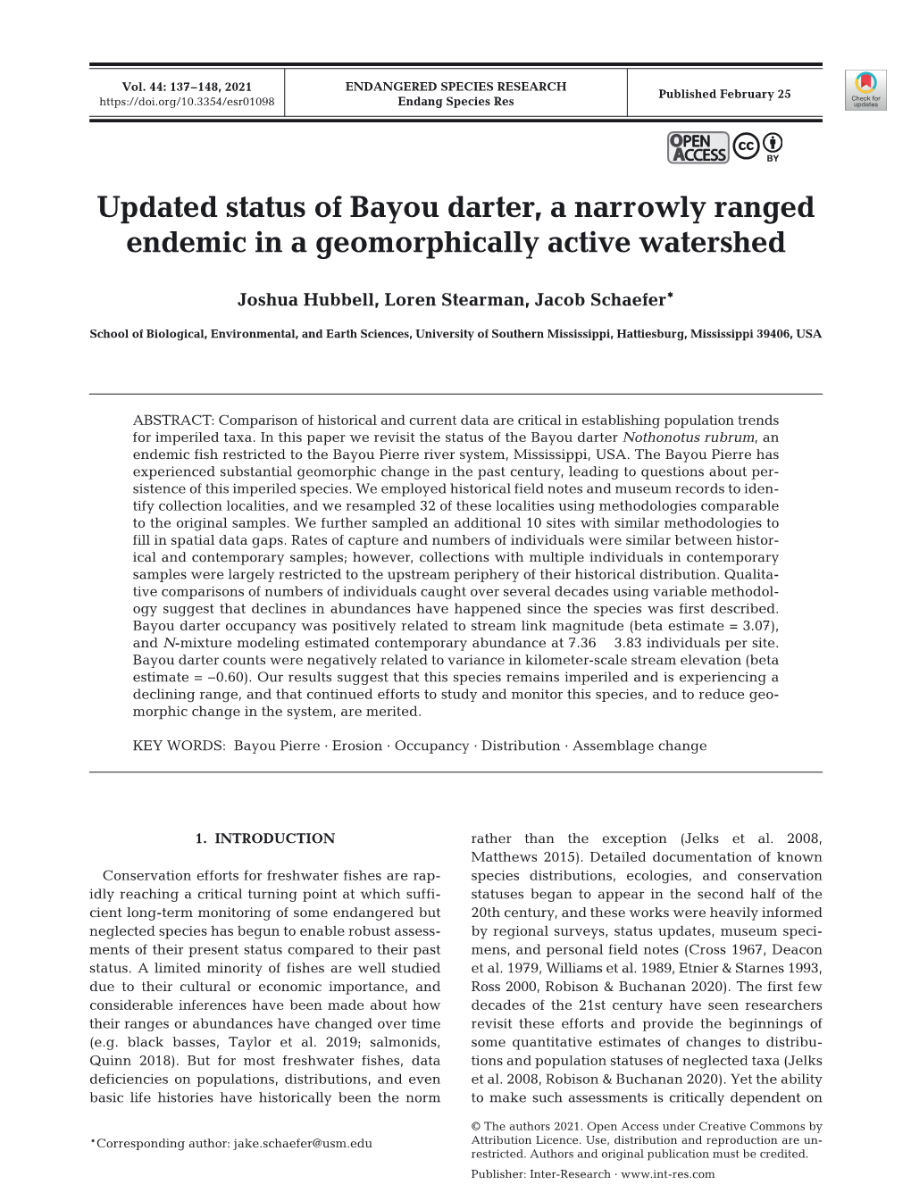 Updated Status of Bayou Darter, a Narrowly Ranged Endemic in a Geomorphically Active Watershed