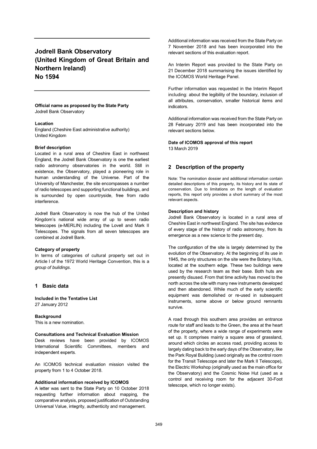 Jodrell Bank Observatory Relevant Sections of This Evaluation Report