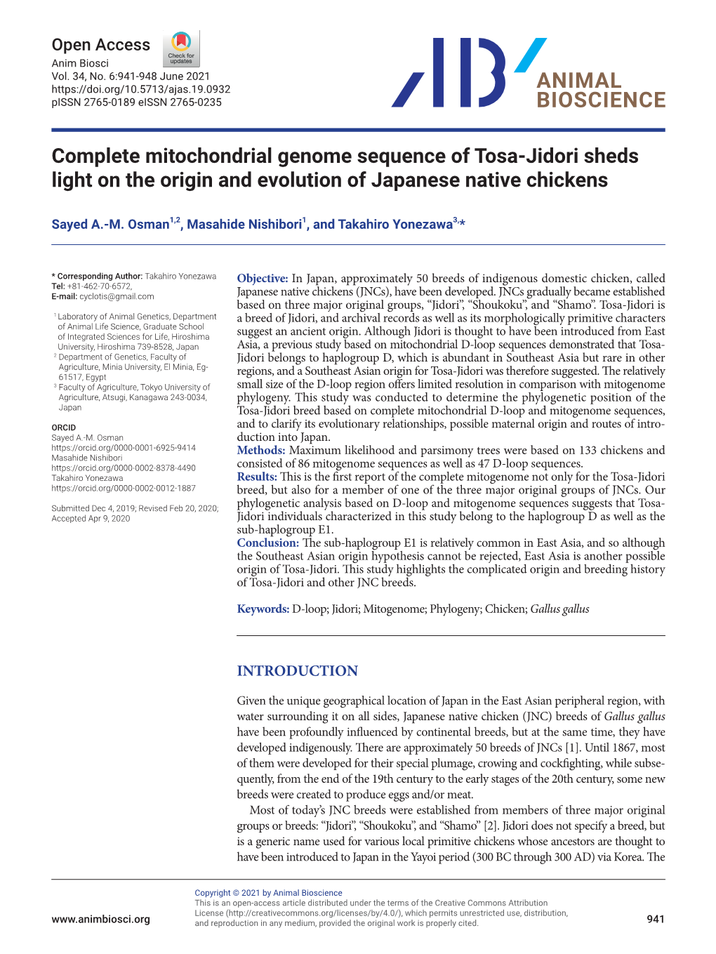 Complete Mitochondrial Genome Sequence of Tosa-Jidori Sheds Light on the Origin and Evolution of Japanese Native Chickens