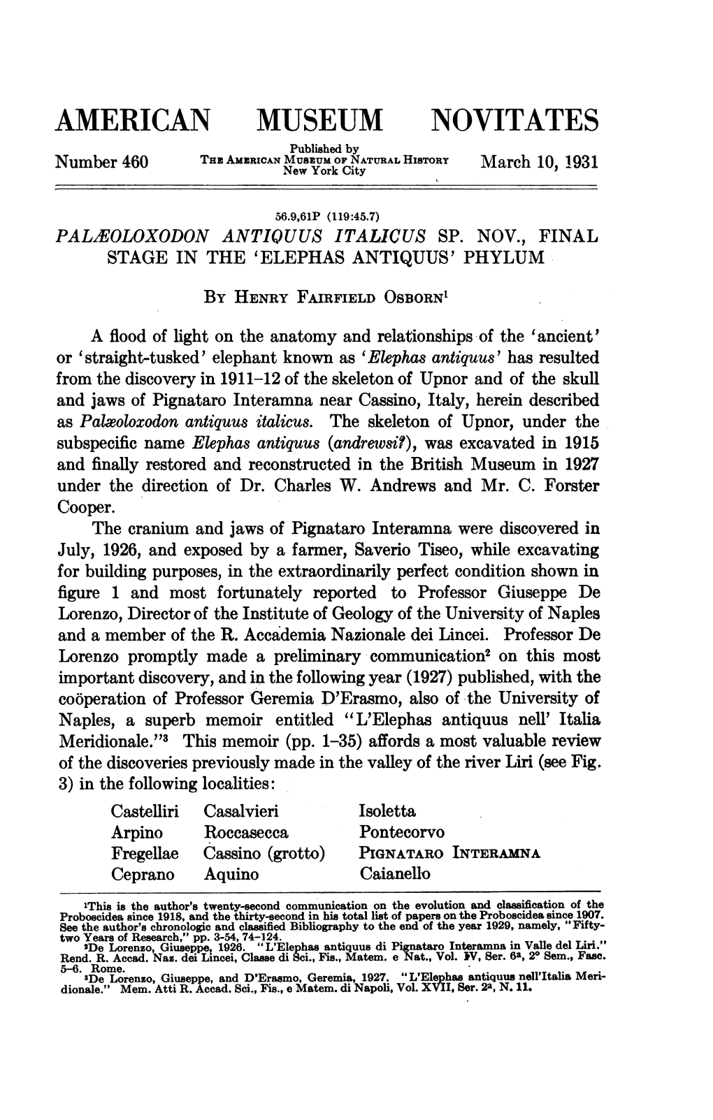 AMERICAN MUSEUM NOVITATES Published by MUSEUM of NATURAL HISTORY Number 460 the Amzrican New York City March 10, 1931