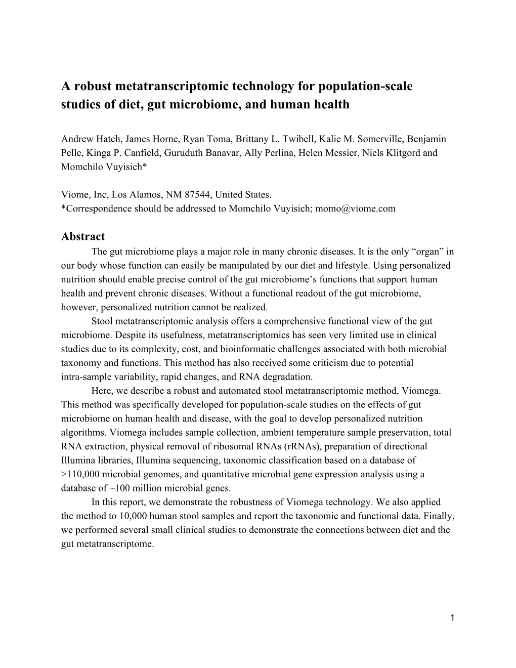 A Robust Metatranscriptomic Technology for Population-Scale Studies of Diet, Gut Microbiome, and Human Health