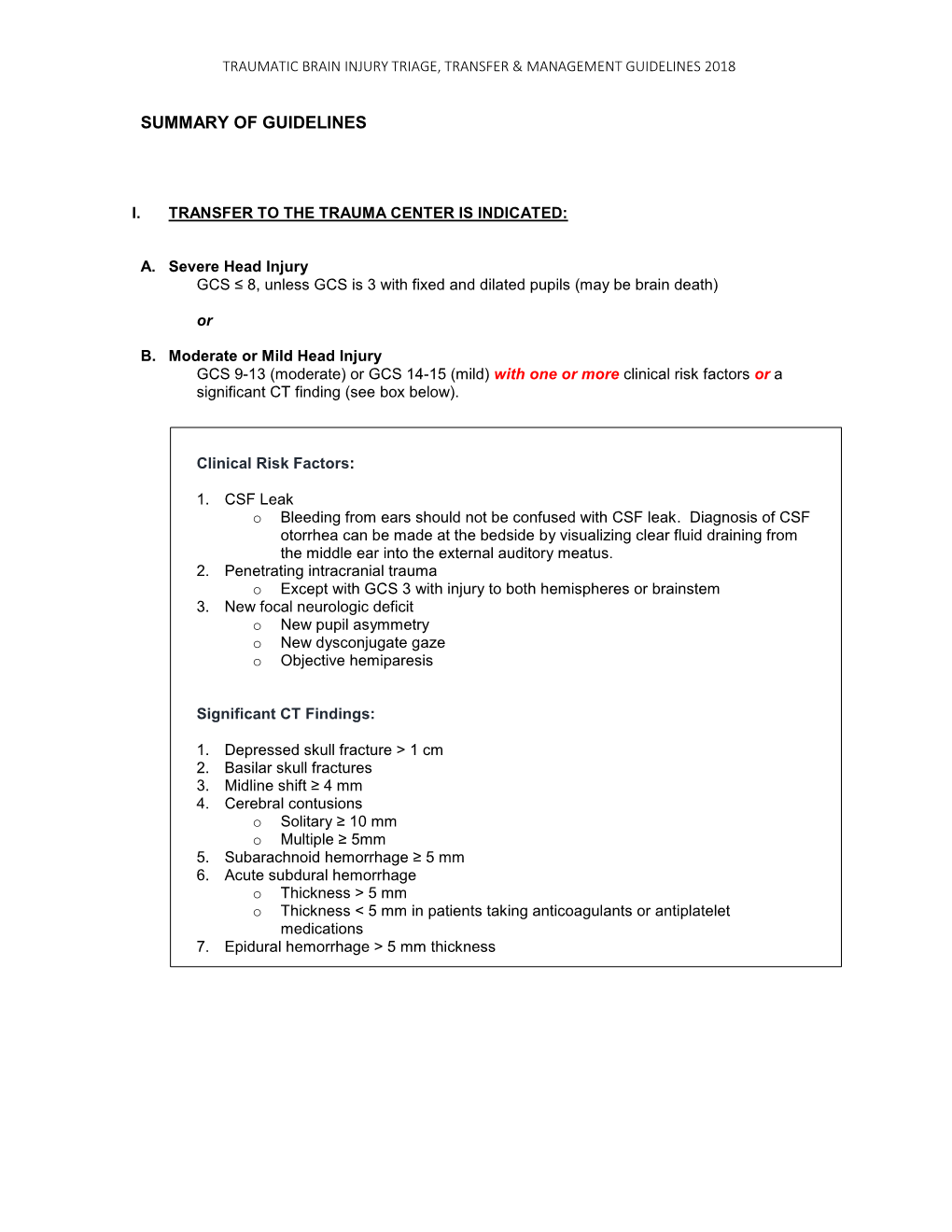 Traumatic Brain Injury Triage, Transfer & Management Guidelines 2018