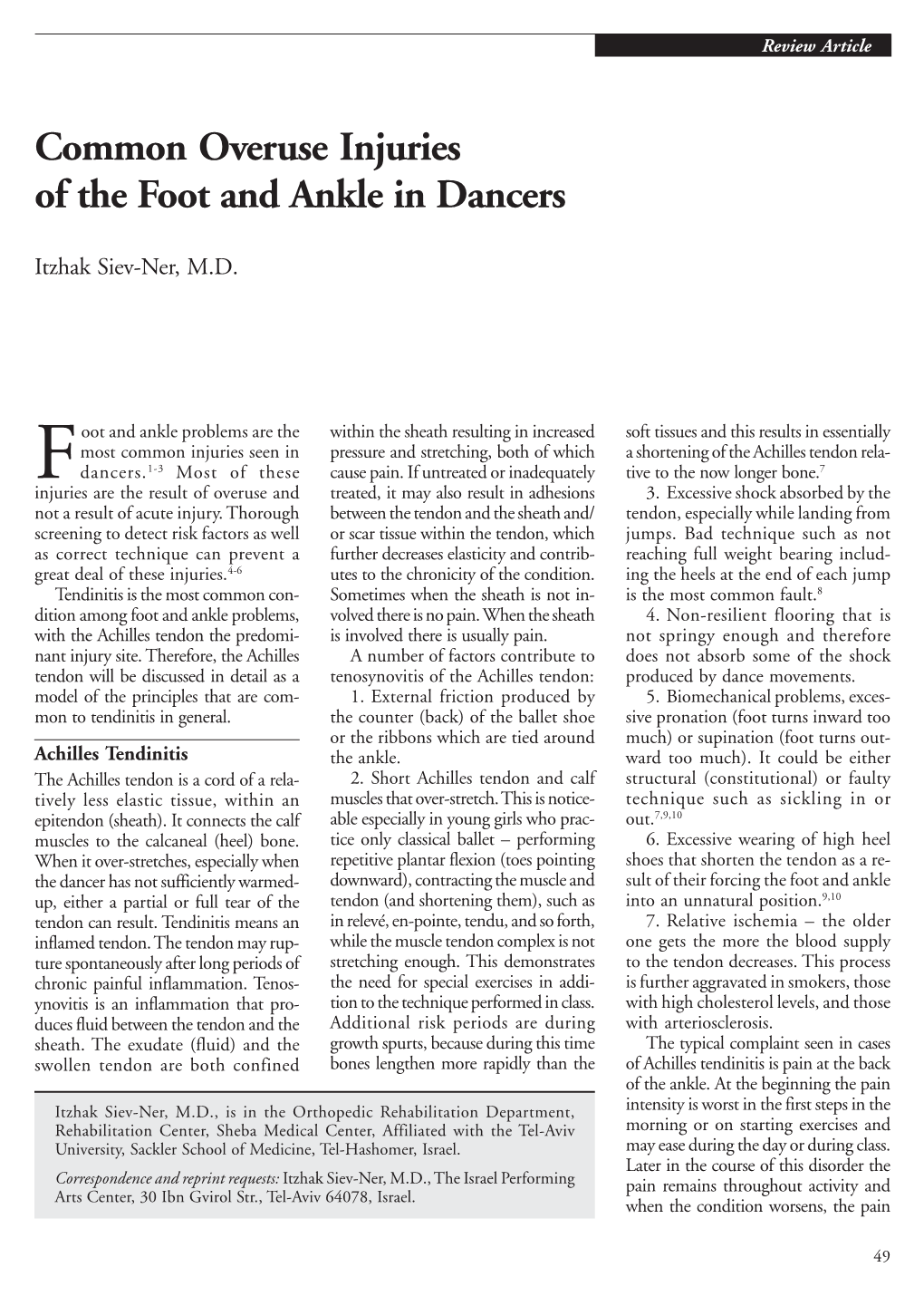 Common Overuse Injuries of the Foot and Ankle in Dancers