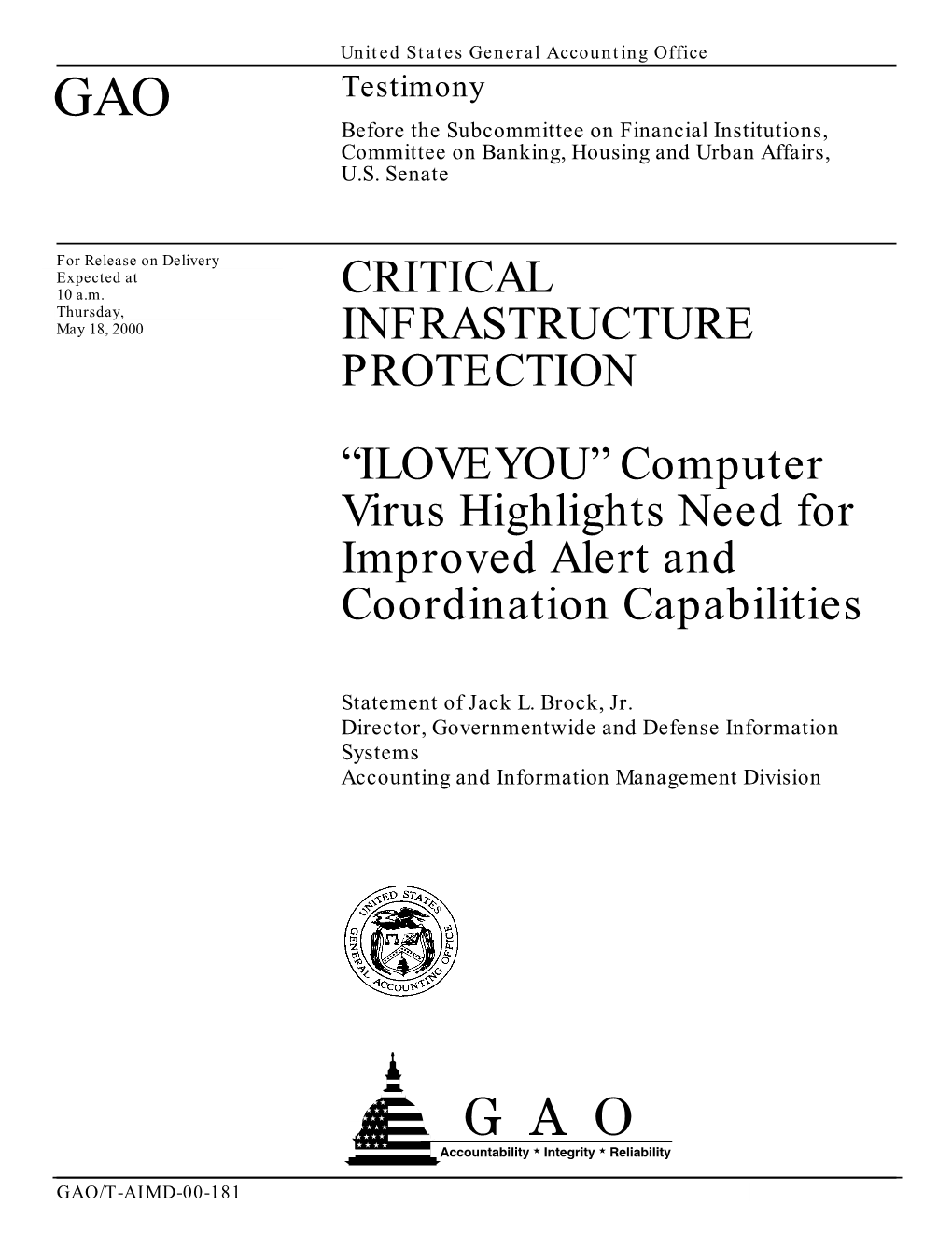 T-AIMD-00-181 Critical Infrastructure Protection: 'ILOVEYOU' Computer