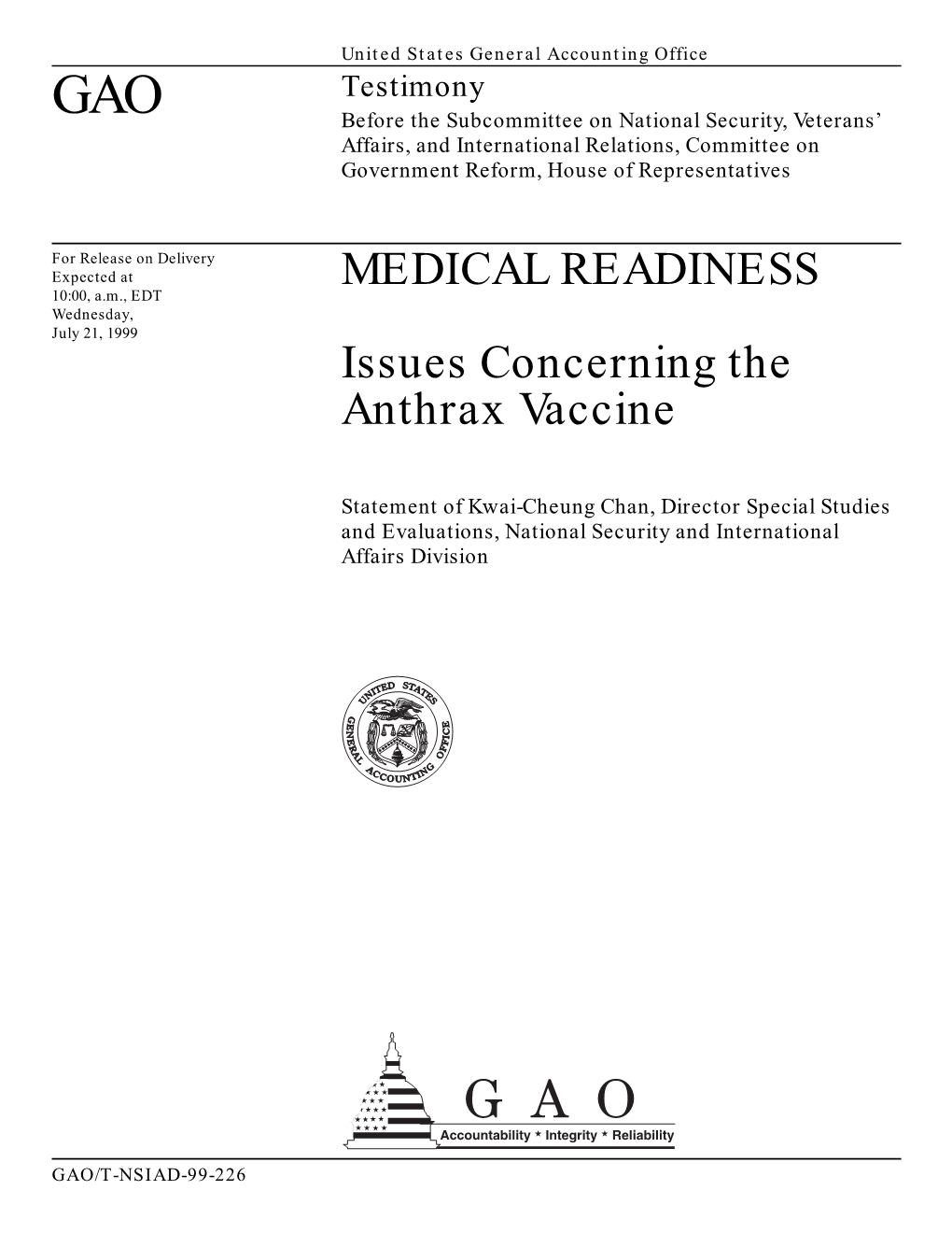T-NSIAD-99-226 Medical Readiness: Issues Concerning the Anthrax
