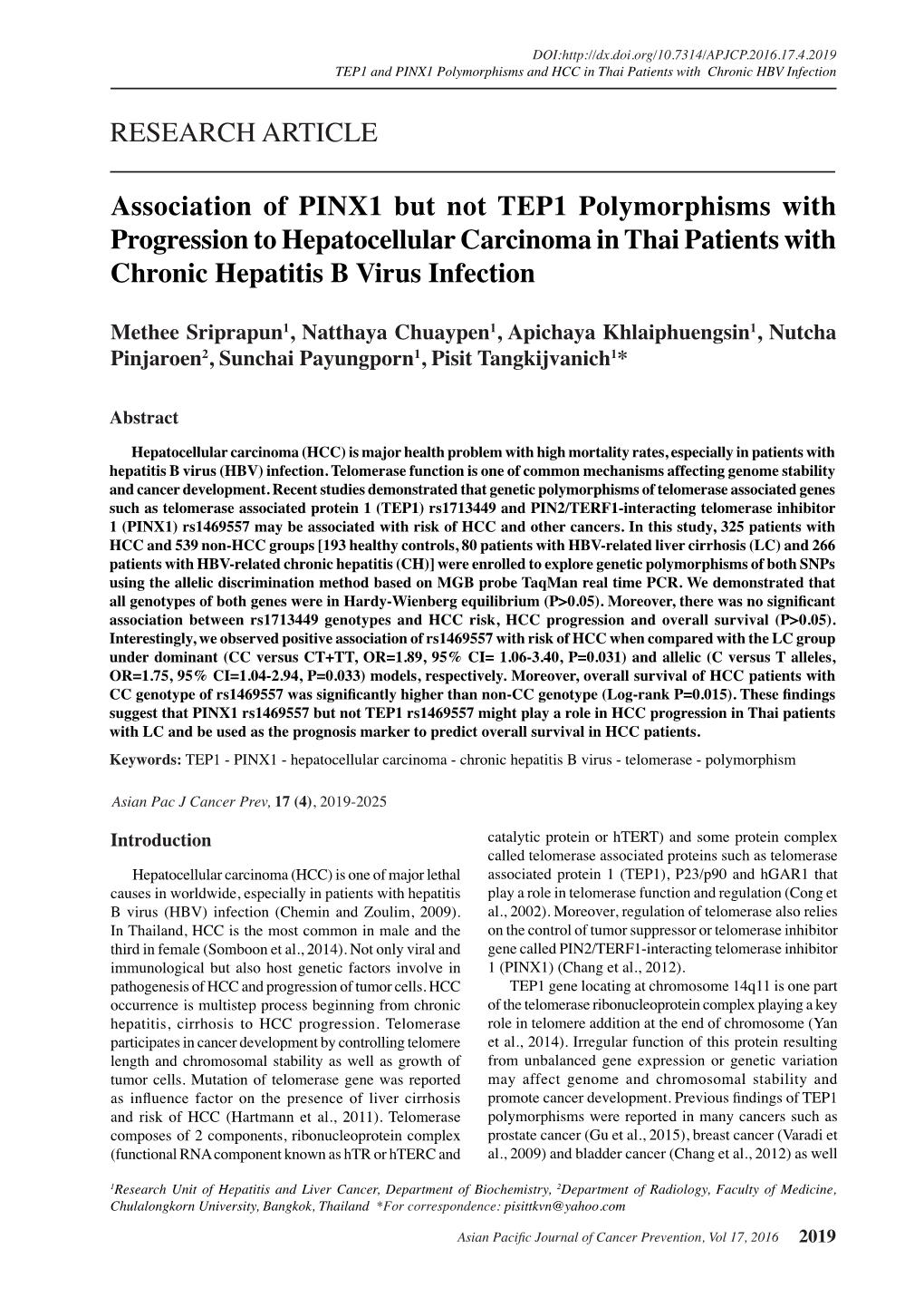 RESEARCH ARTICLE Association of PINX1 but Not TEP1 Polymorphisms