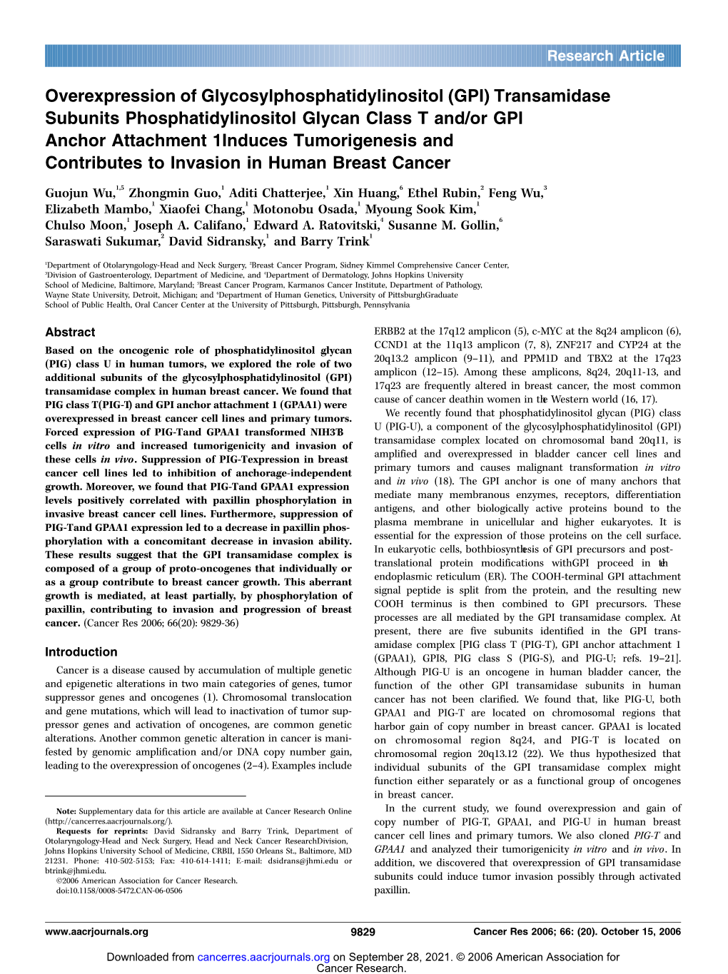 GPI) Transamidase Subunits Phosphatidylinositol Glycan Class T And/Or GPI Anchor Attachment 1Induces Tumorigenesis and Contributes to Invasion in Human Breast Cancer