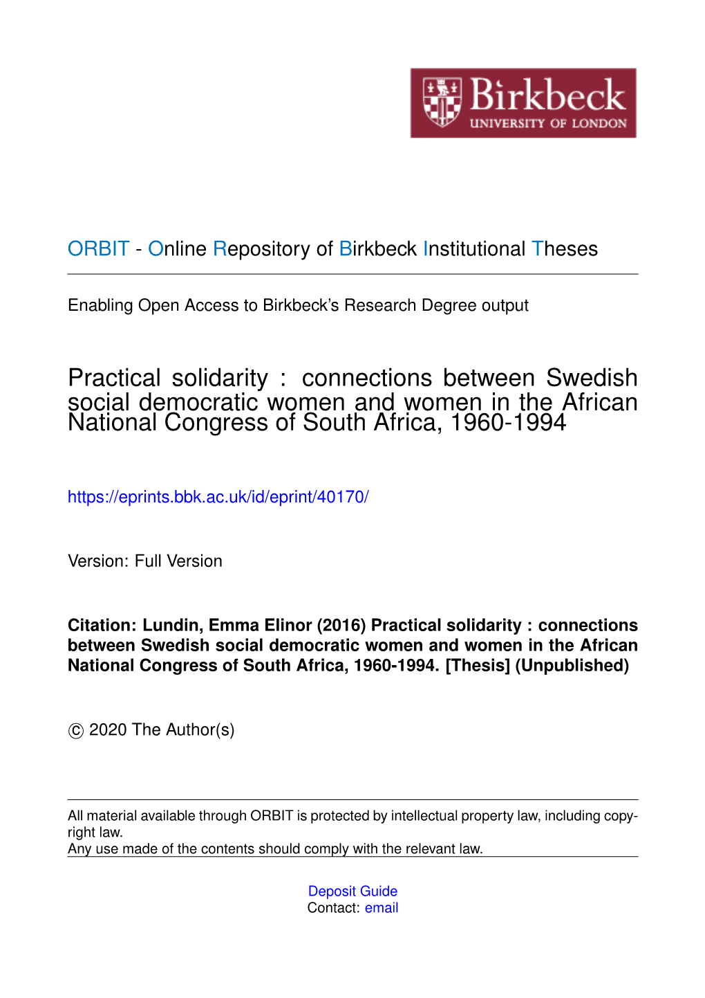 Practical Solidarity : Connections Between Swedish Social Democratic Women and Women in the African National Congress of South Africa, 1960-1994