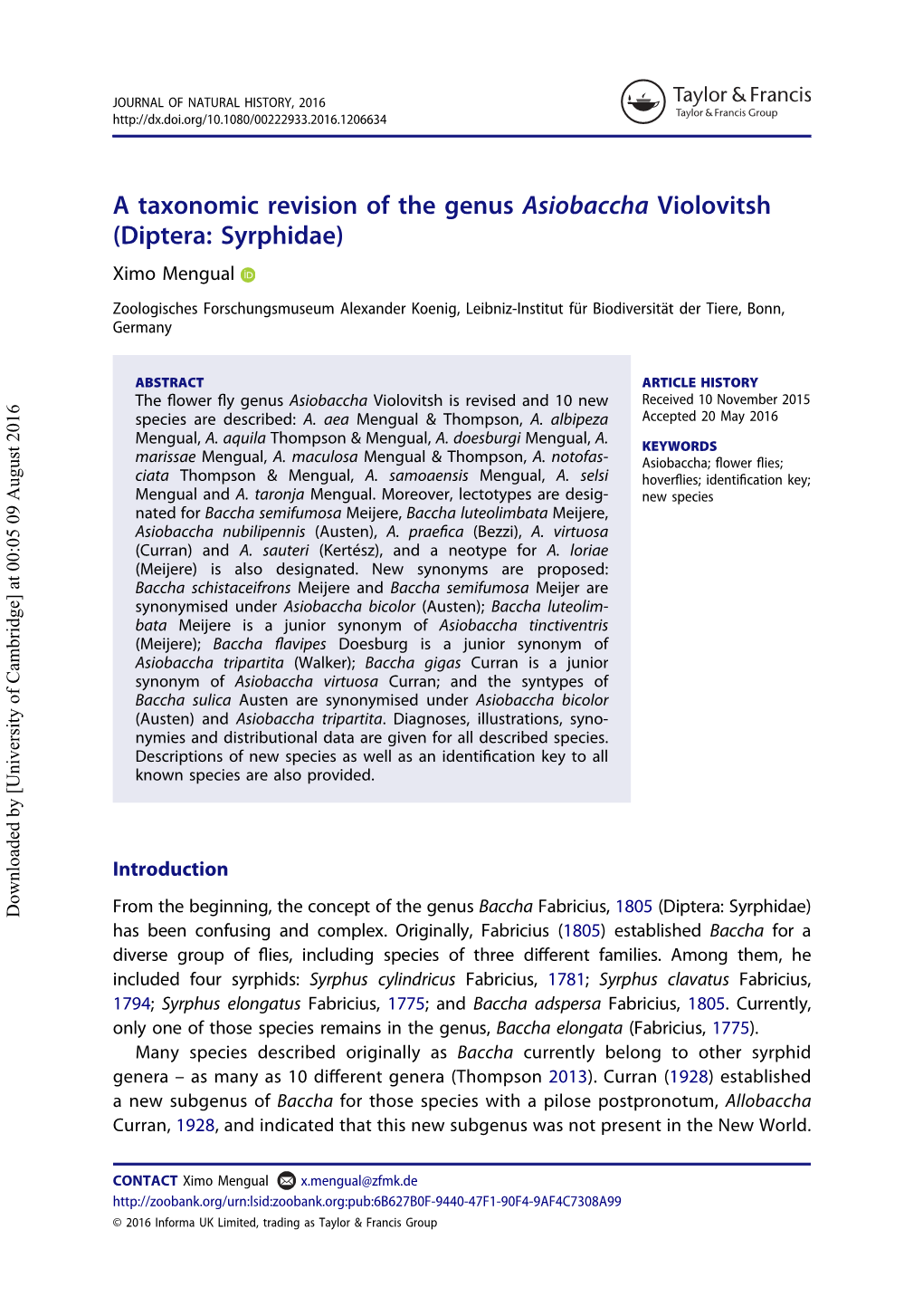 A Taxonomic Revision of the Genus Asiobaccha Violovitsh (Diptera