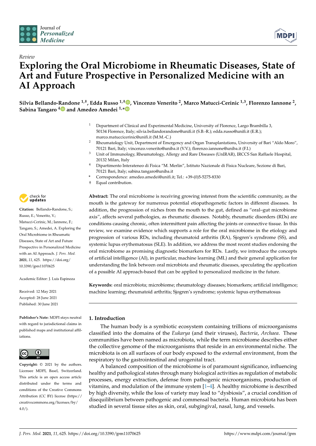 Exploring the Oral Microbiome in Rheumatic Diseases, State of Art and Future Prospective in Personalized Medicine with an AI Approach