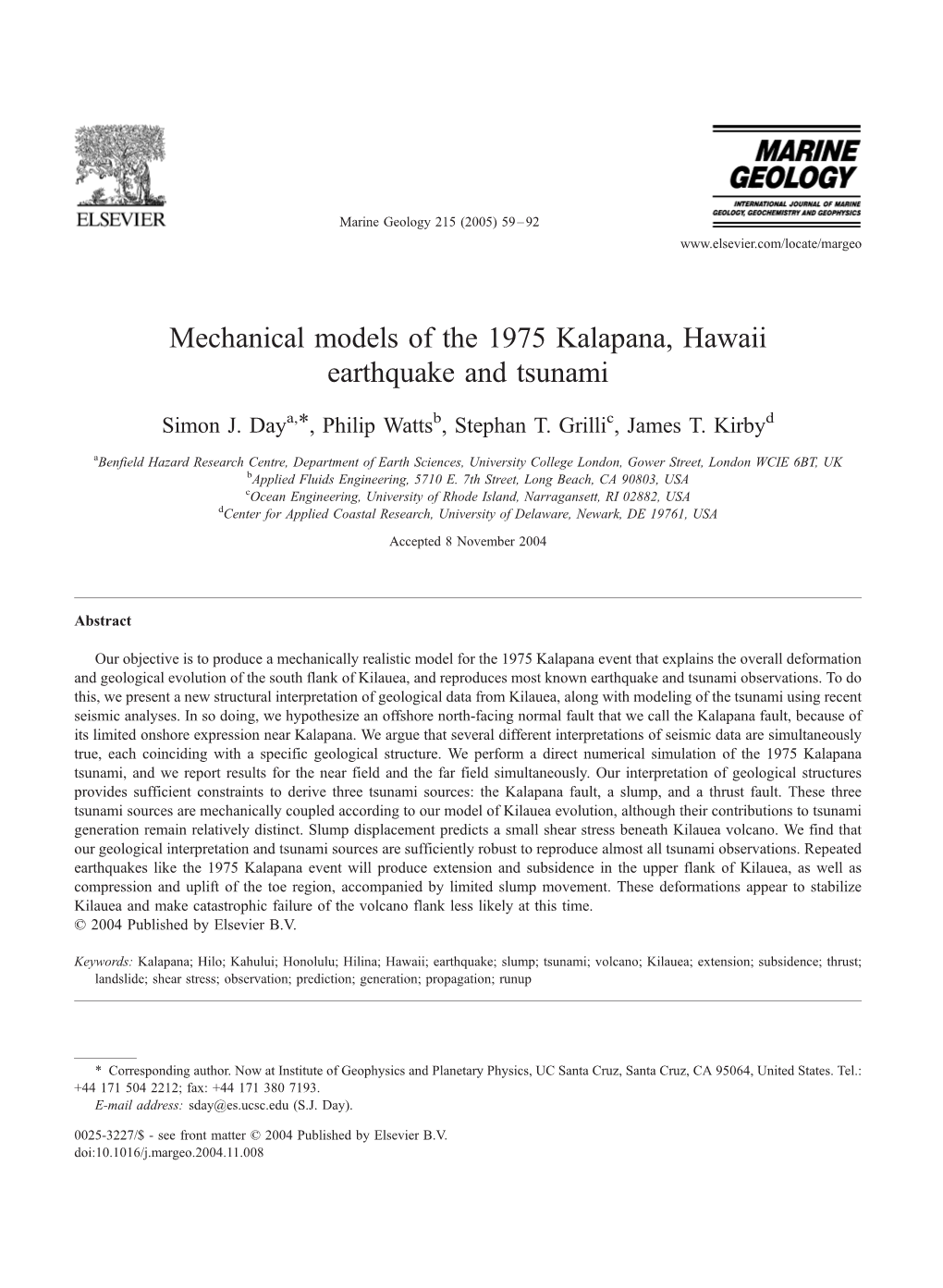 Mechanical Models of the 1975 Kalapana, Hawaii Earthquake and Tsunami