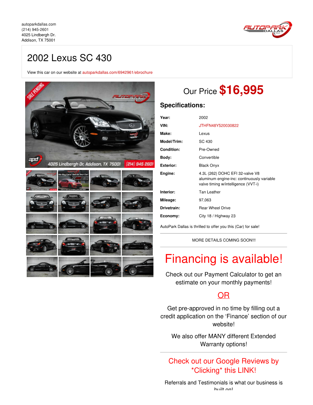 2002 Lexus SC 430 | Addison, TX | Auto Park Dallas