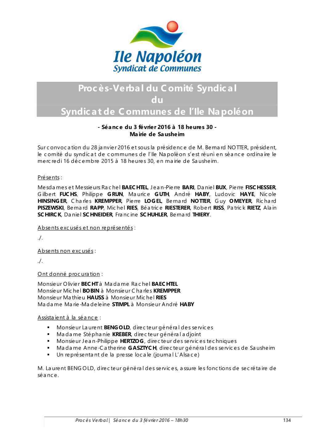 Procès-Verbal Du Comité Syndical Du Syndicat De Communes De L'ile