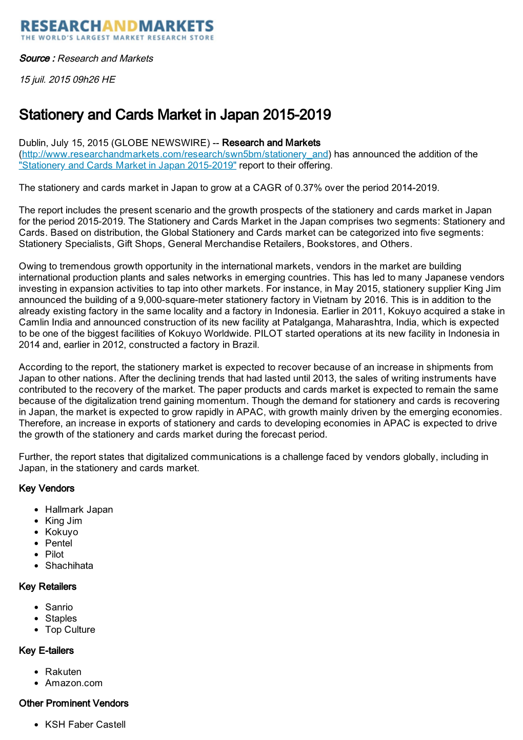 Stationery and Cards Market in Japan 2015-2019