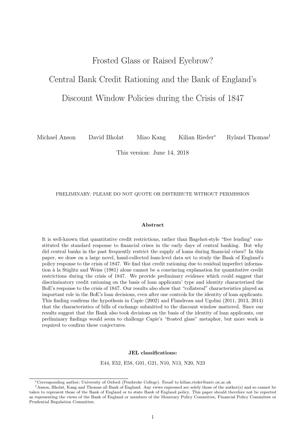 Frosted Glass Or Raised Eyebrow? Central Bank Credit Rationing And