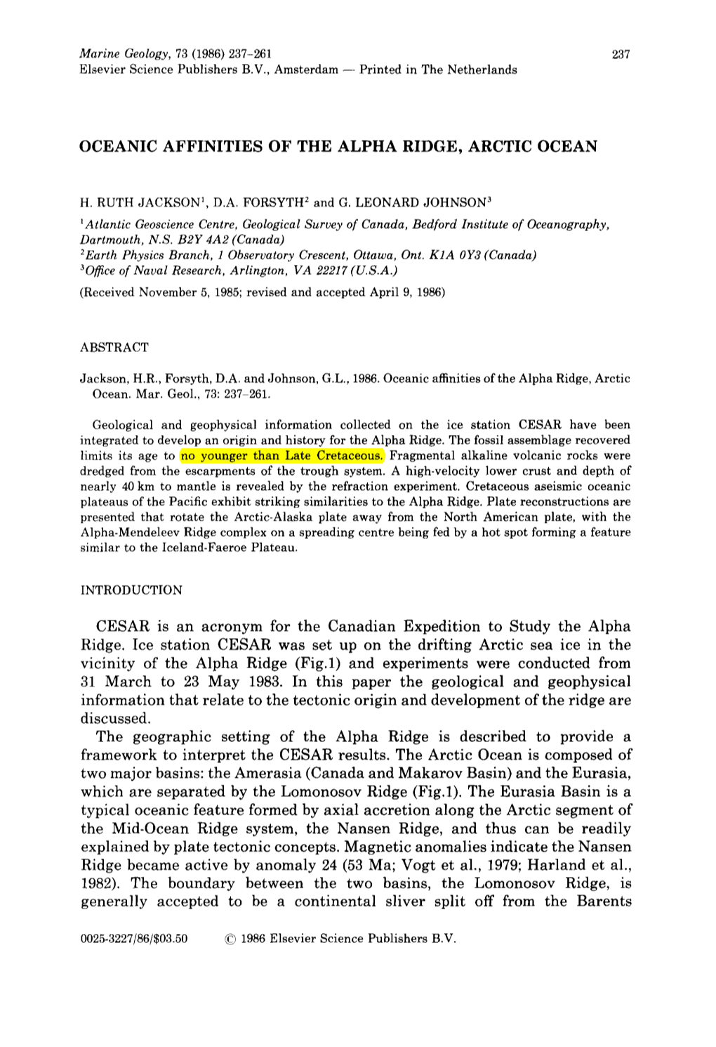 Oceanic Affinities of the Alpha Ridge, Arctic Ocean