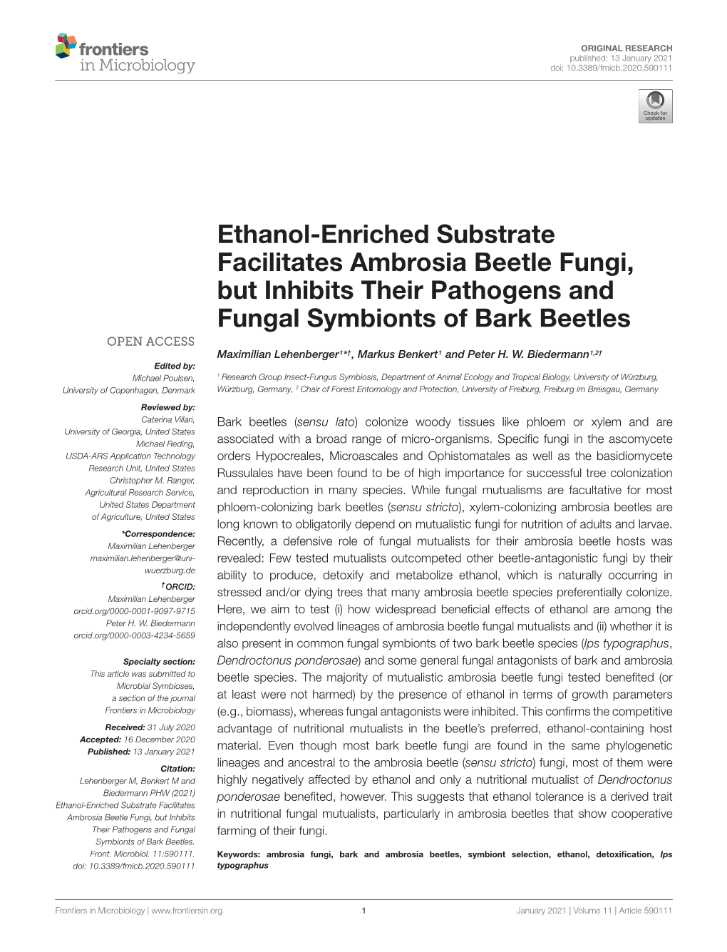 Ethanol-Enriched Substrate Facilitates Ambrosia Beetle Fungi, but Inhibits Their Pathogens and Fungal Symbionts of Bark Beetles