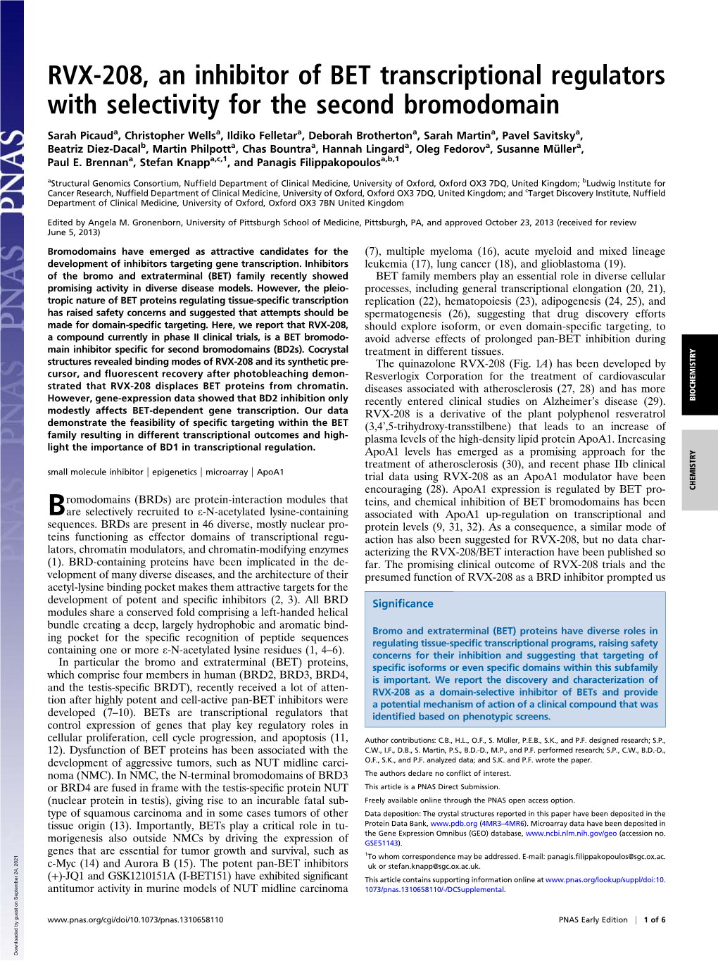 RVX-208, an Inhibitor of BET Transcriptional Regulators with Selectivity for the Second Bromodomain