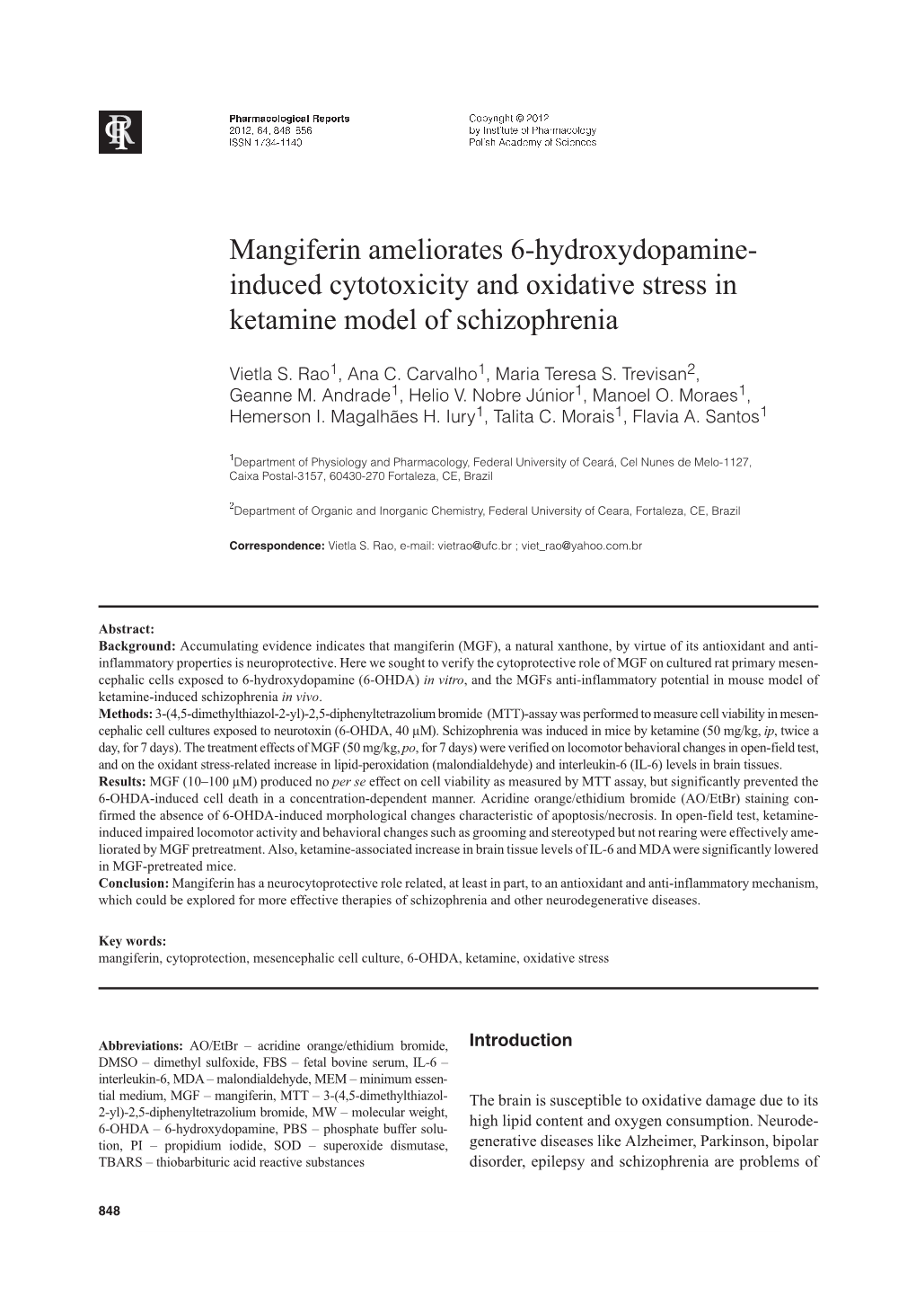 Mangiferin Ameliorates 6-Hydroxydopamine- Induced