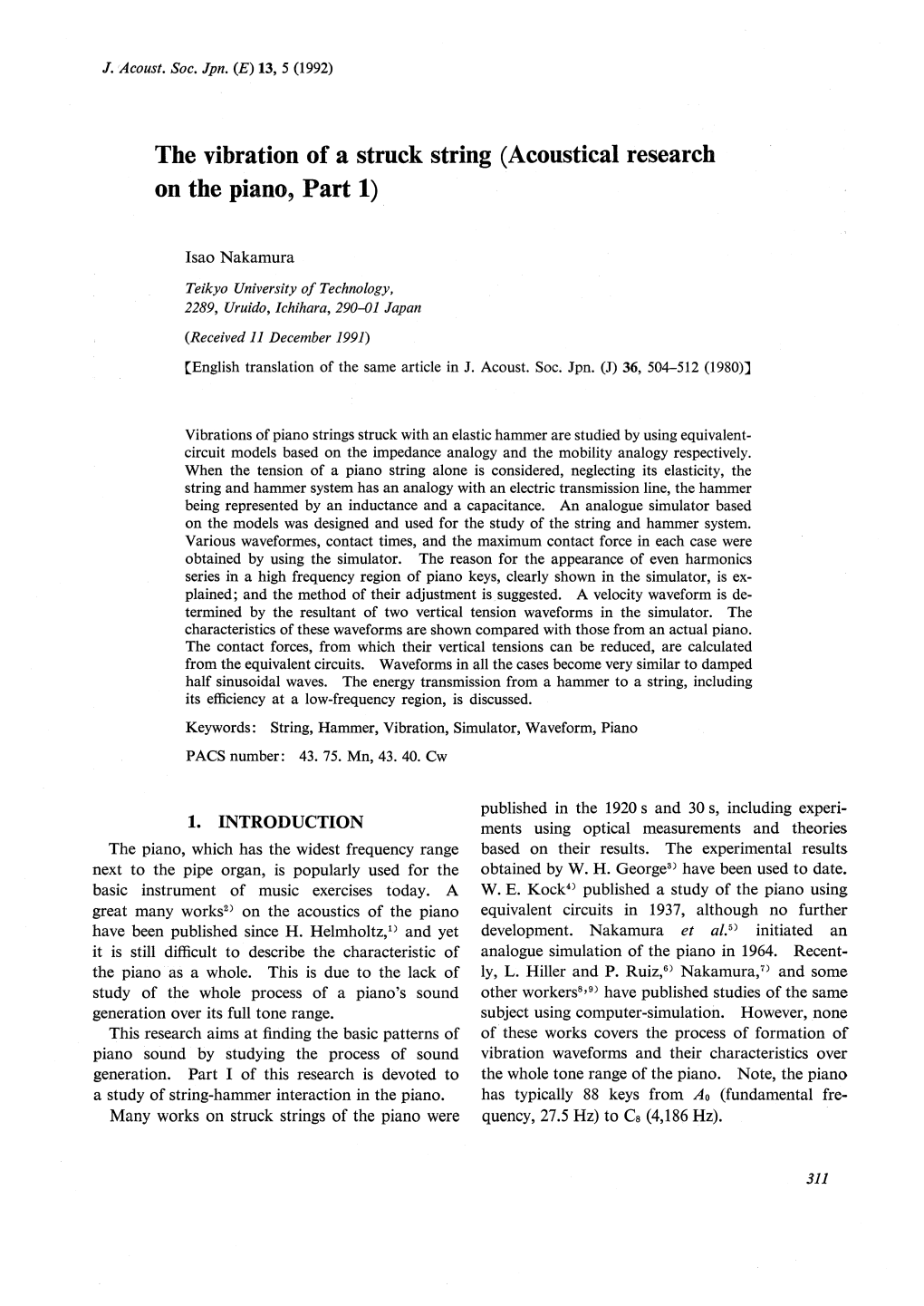 The Vibration of a Struck String (Acoustical Research on the Piano, Part 1)