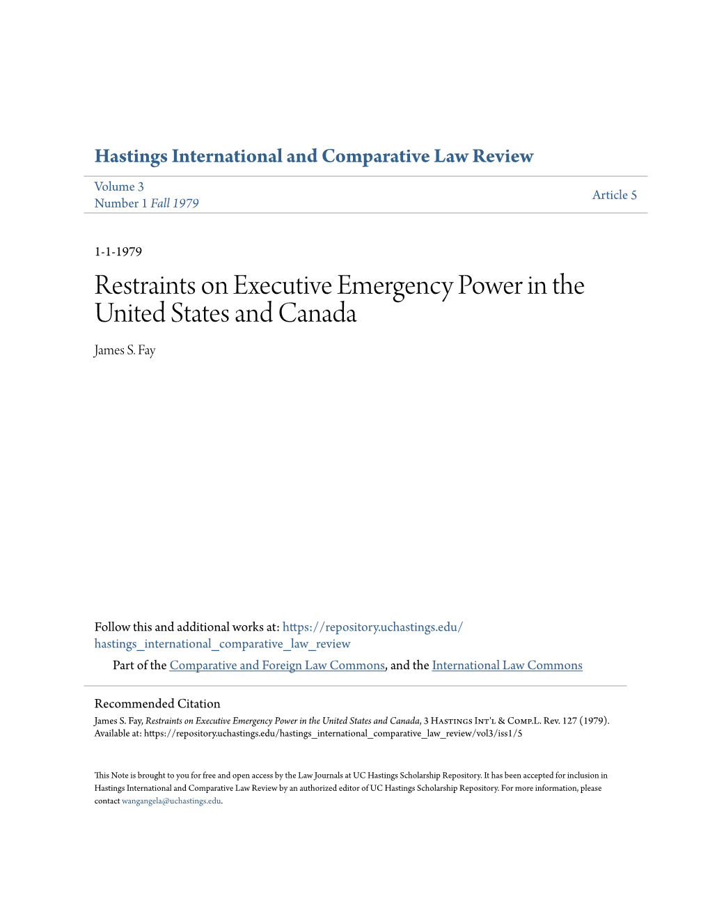 Restraints on Executive Emergency Power in the United States and Canada James S