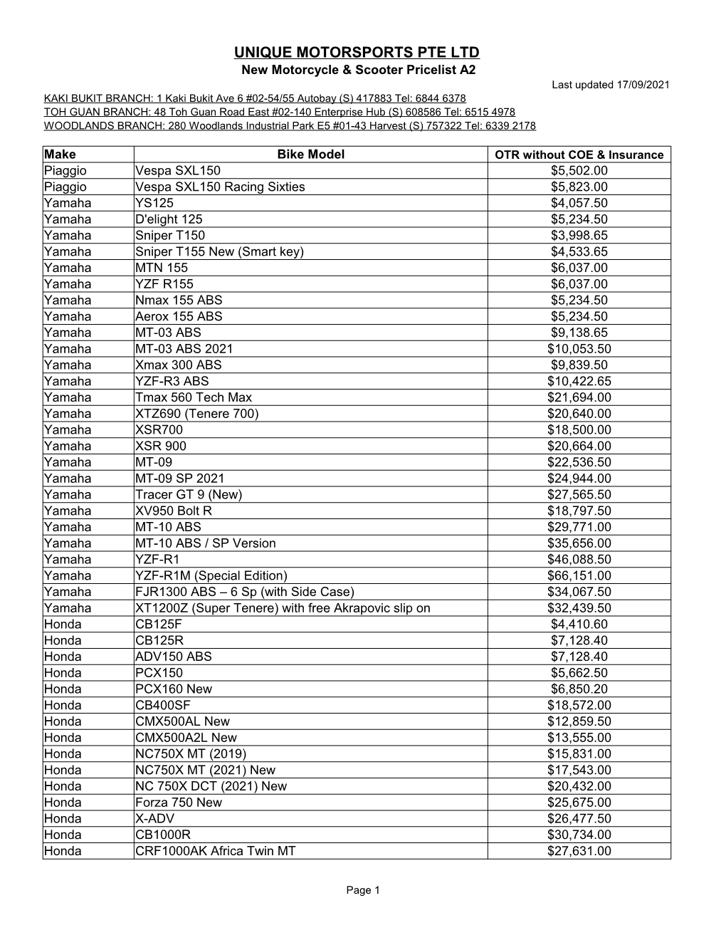 UNIQUE MOTORSPORTS PTE LTD New Motorcycle & Scooter Pricelist A2