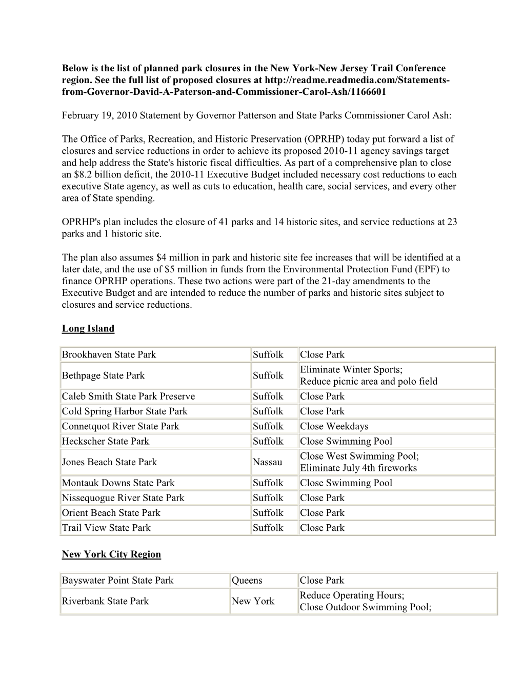 Below Is the List of Planned Park Closures in the New York-New Jersey Trail Conference Region