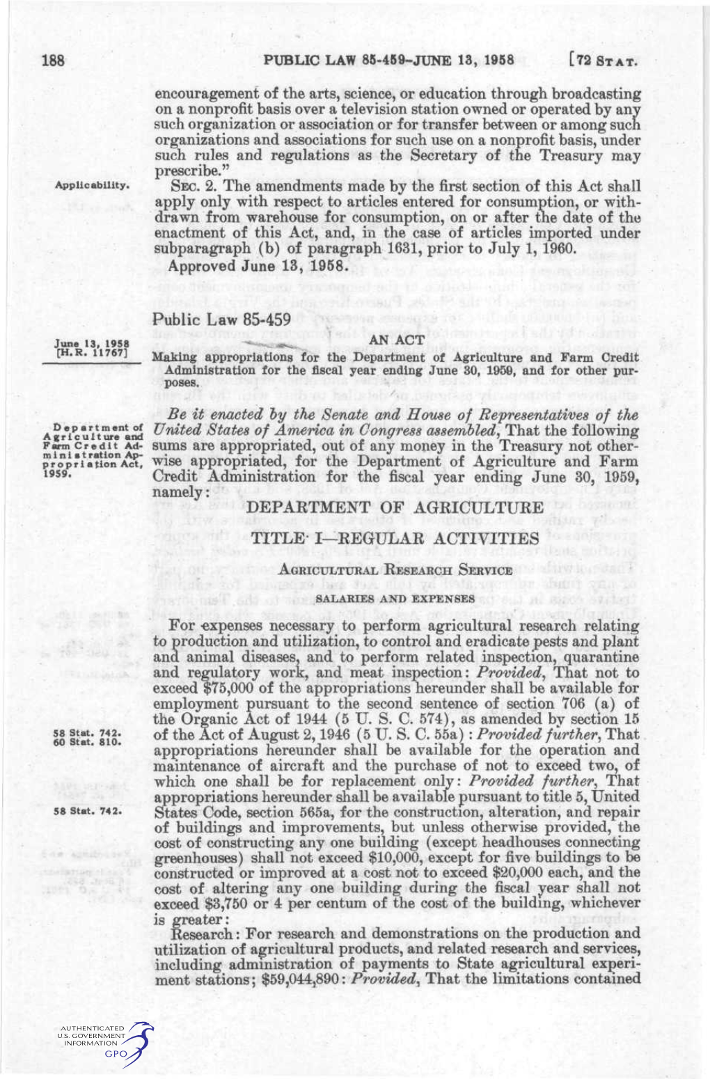 188 PUBLIC LAW 86-459-JUNE 13, 1958 Encouragement of the Arts