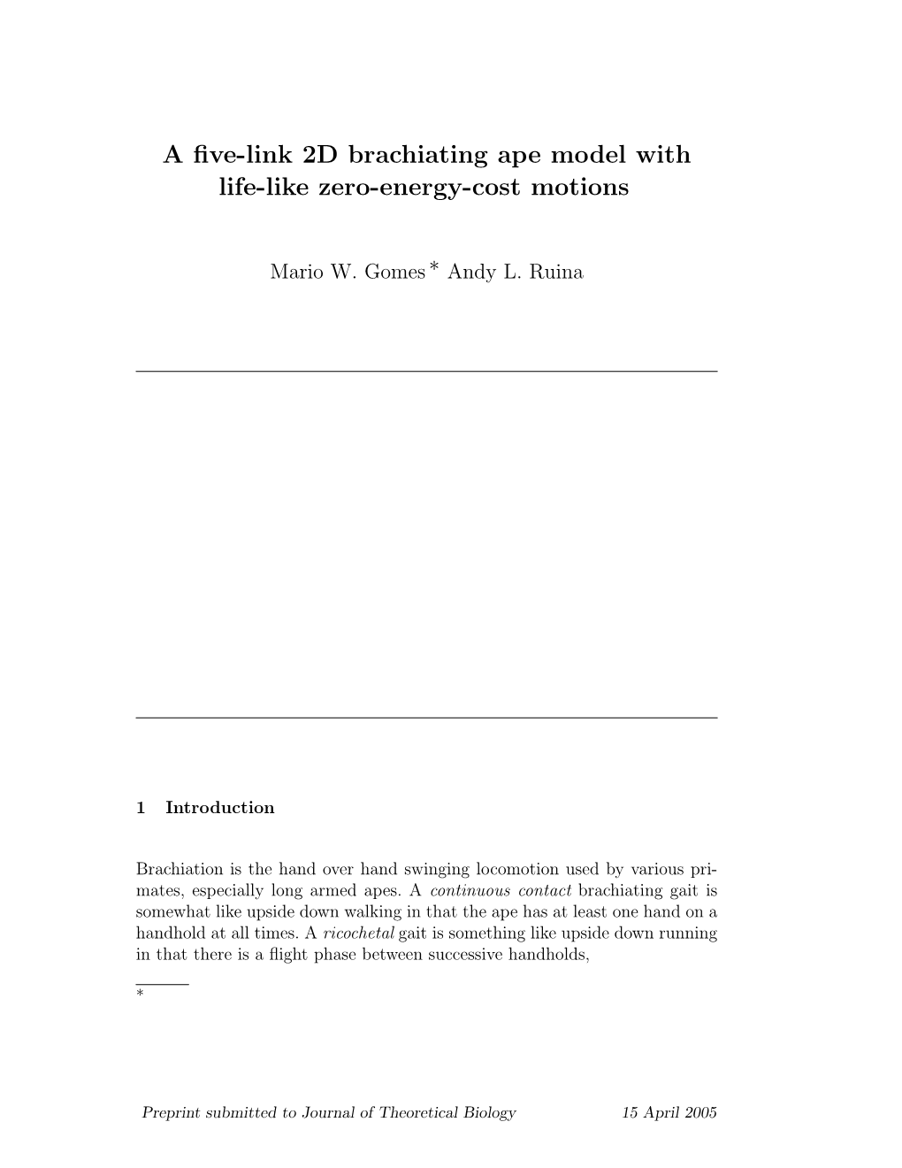 A Five-Link 2D Brachiating Ape Model with Life-Like Zero-Energy-Cost Motions