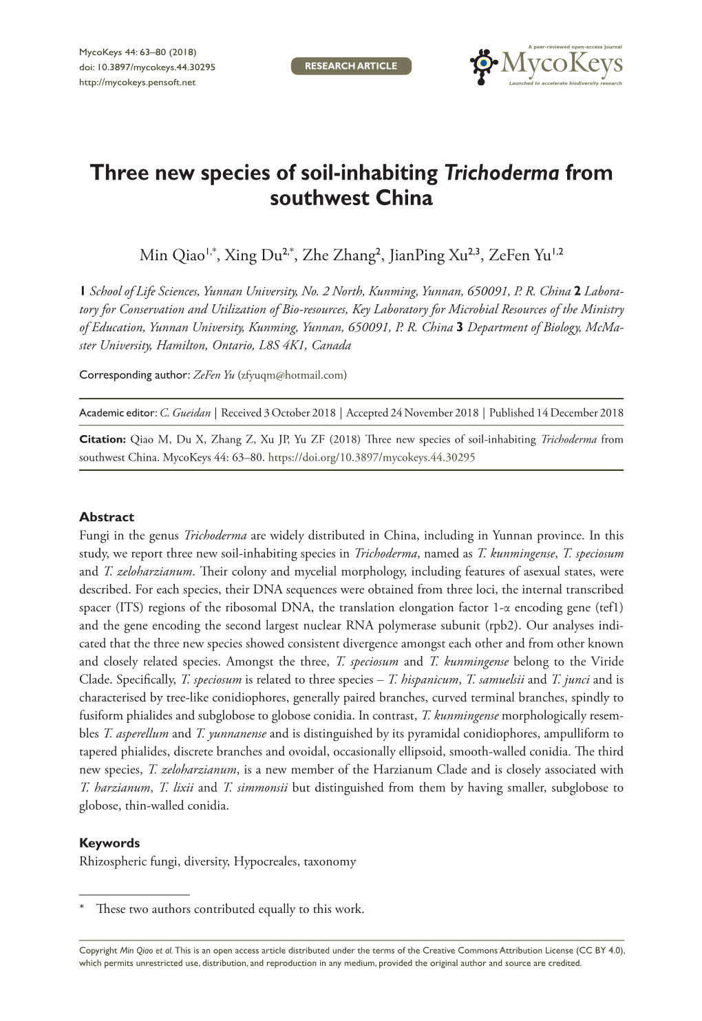 Three New Species of Soil-Inhabiting Trichoderma from Southwest China