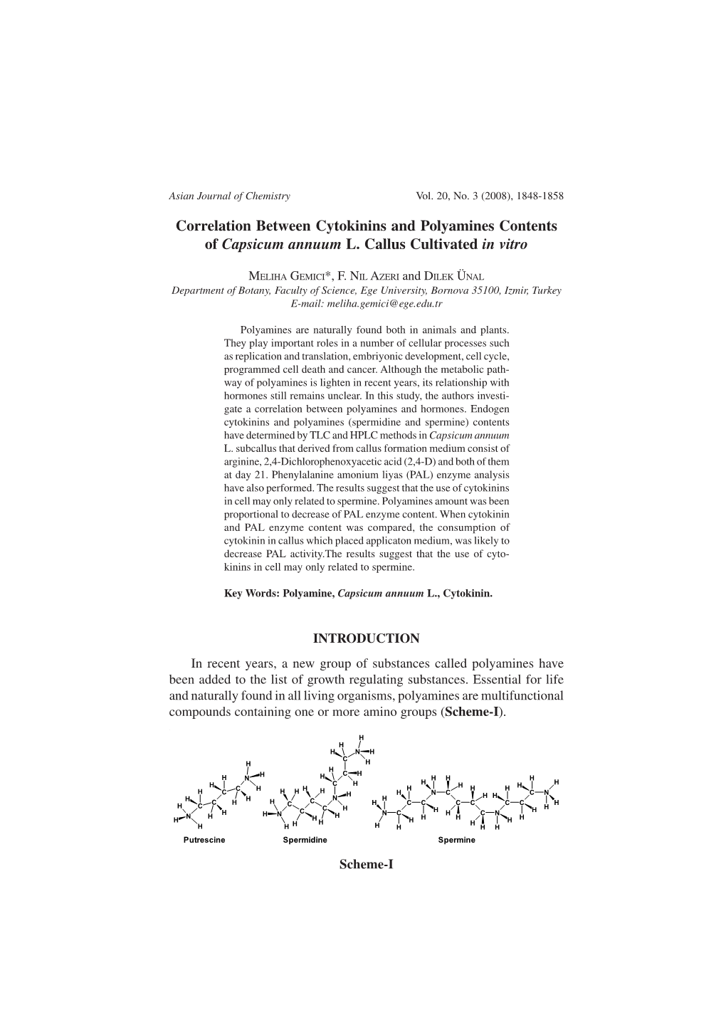 Correlation Between Cytokinins and Polyamines Contents of Capsicum Annuum L