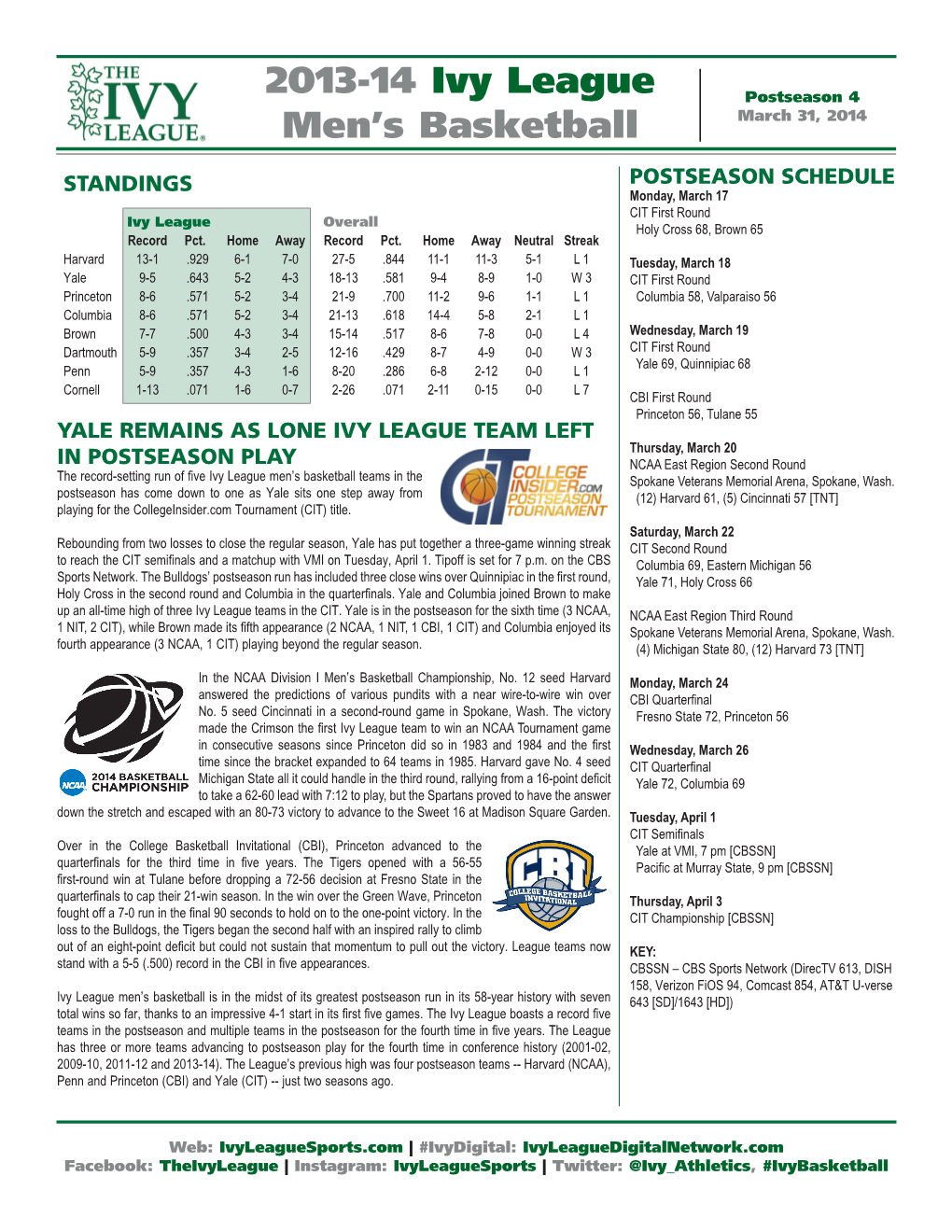 2013-14 Ivy League Men's Basketball INDIVIDUAL BASKETBALL STATISTICS Through Games of Mar 26, 2014 (All Games)